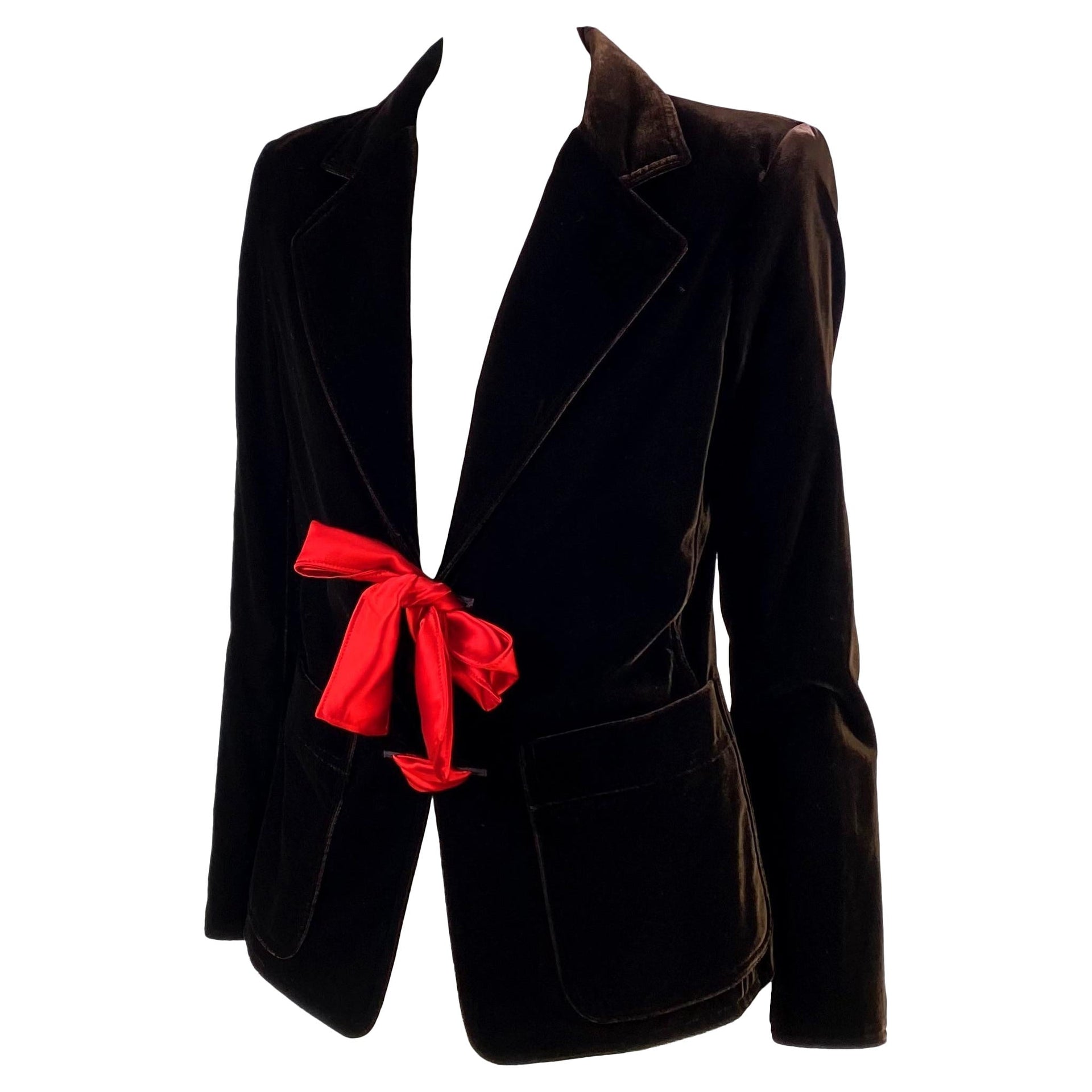 F/W 2003 Yves Saint Laurent by Tom Ford Brown Velvet Blazer Red Satin Tie - RealList