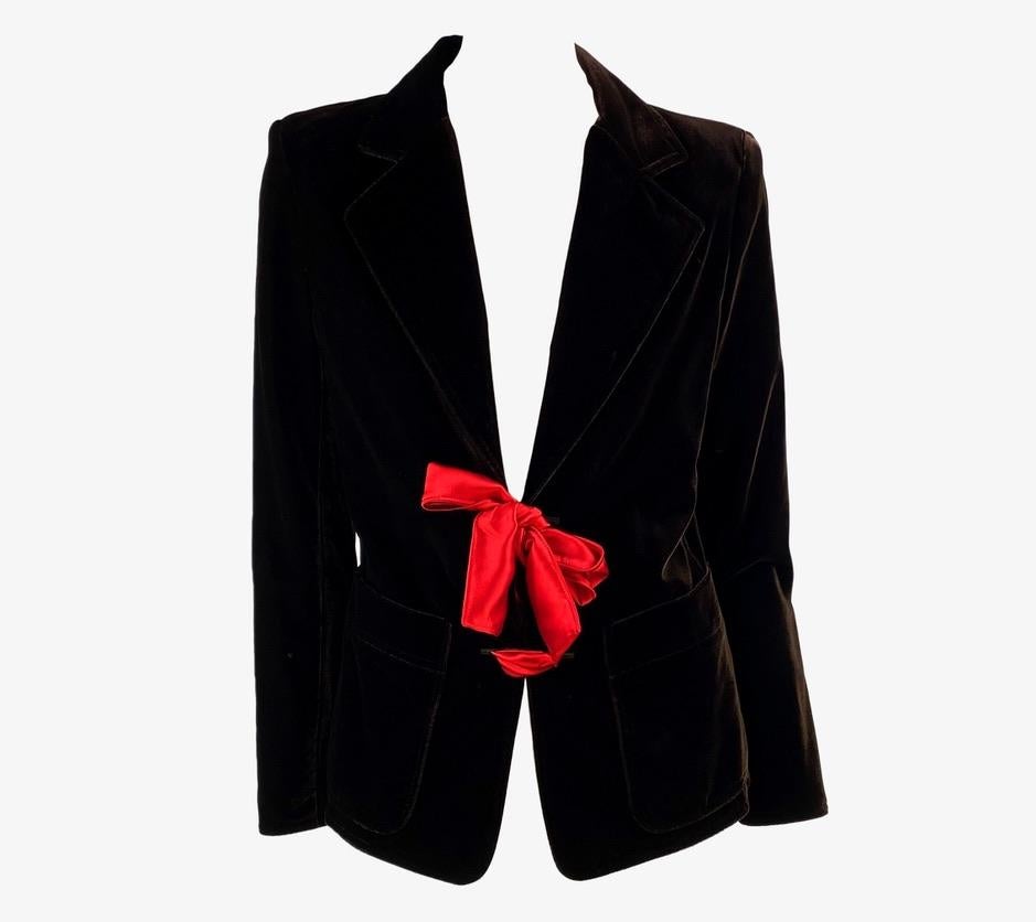 F/W 2003 Yves Saint Laurent by Tom Ford Brown Velvet Blazer Red Satin Tie - RealList