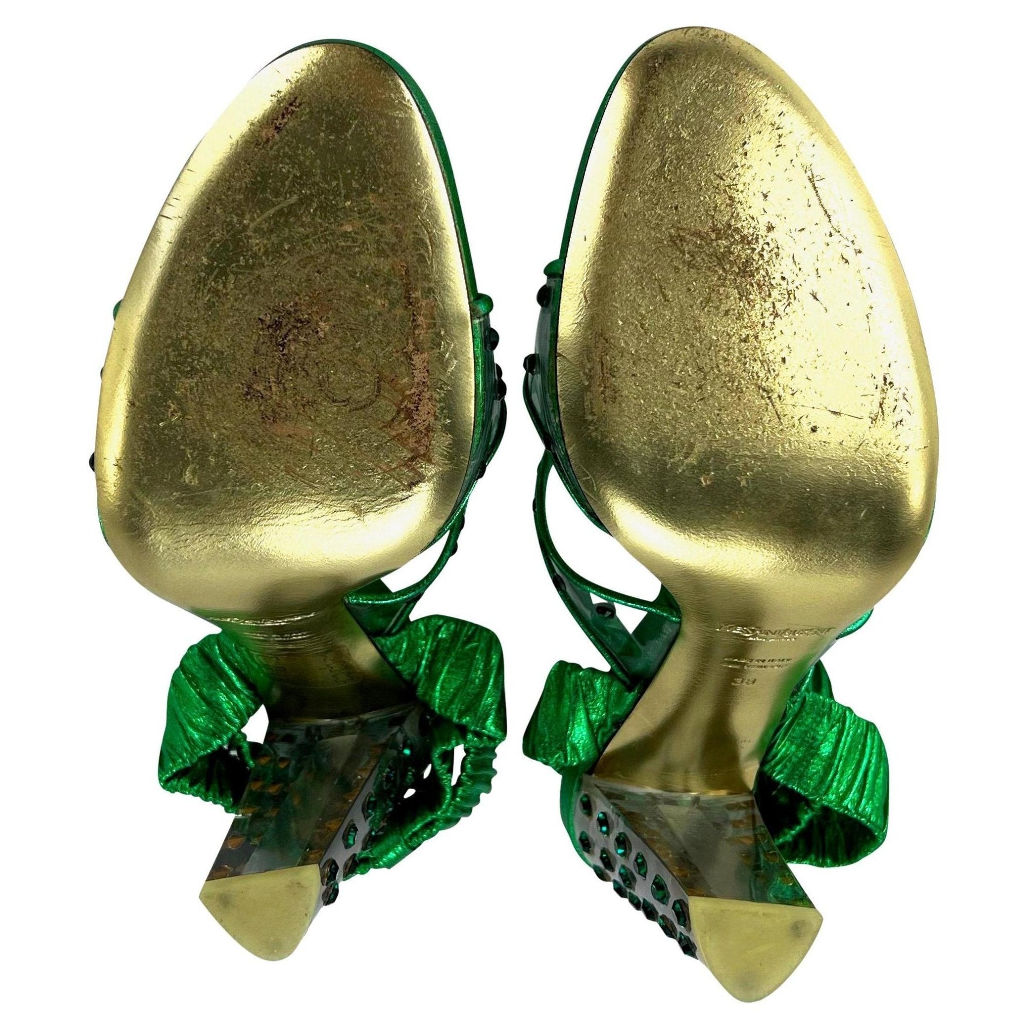 F/W 2003 Yves Saint Laurent by Tom Ford Green Rhinestone Lucite Pumps Size 38 - RealList