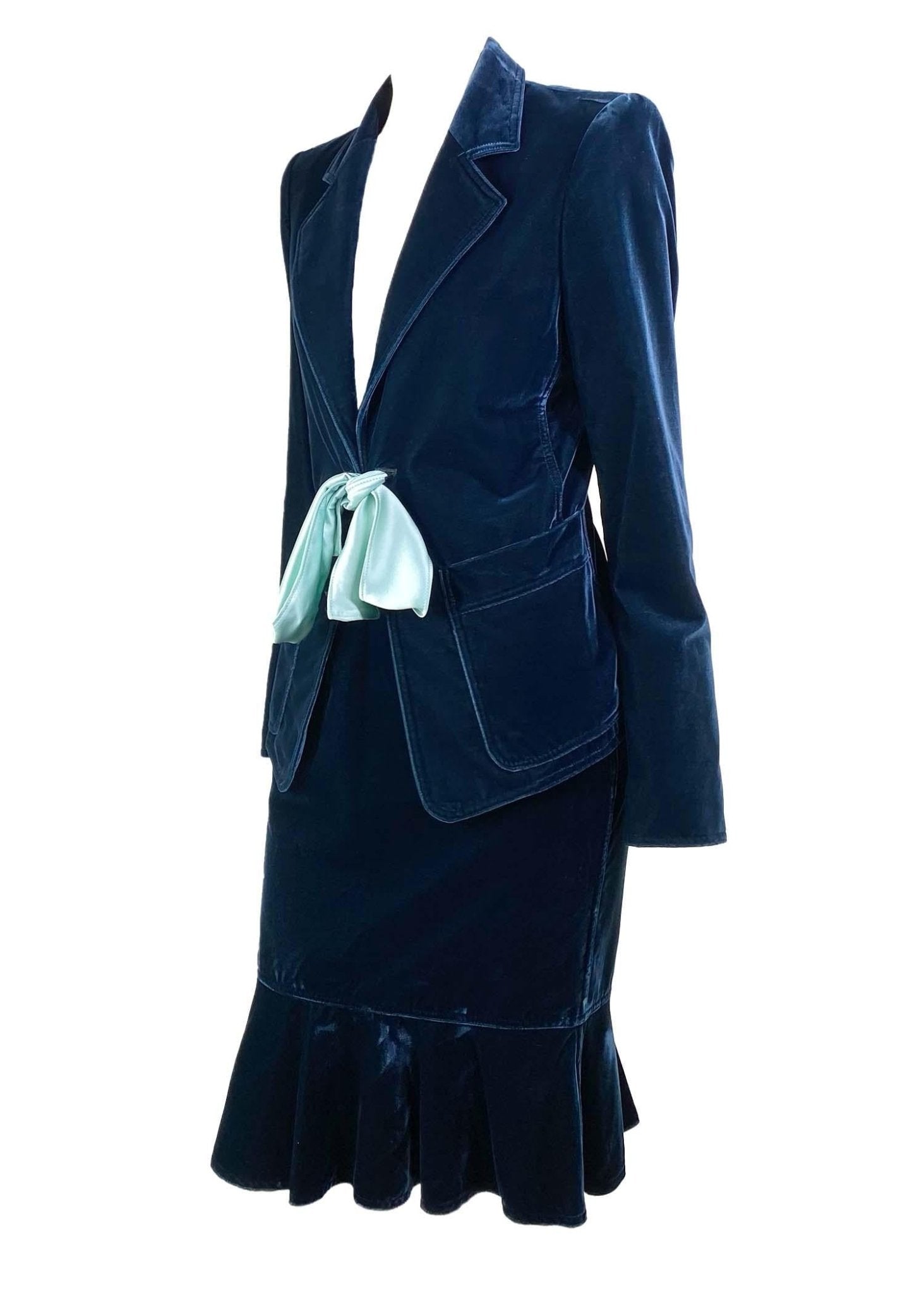 F/W 2003 Yves Saint Laurent by Tom Ford Runway Green Velvet Ribbon Skirt Suit - RealList