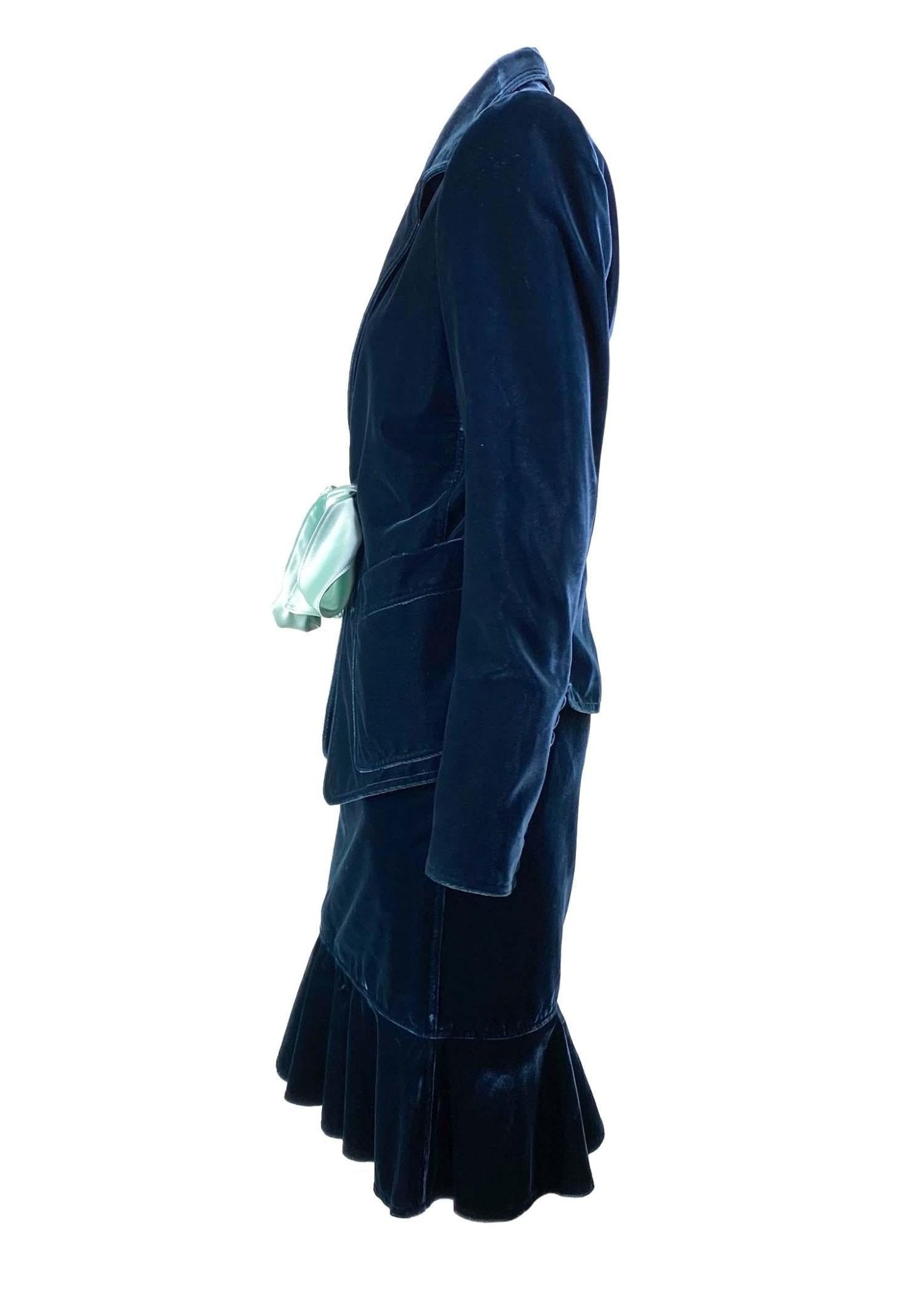 F/W 2003 Yves Saint Laurent by Tom Ford Runway Green Velvet Ribbon Skirt Suit - RealList