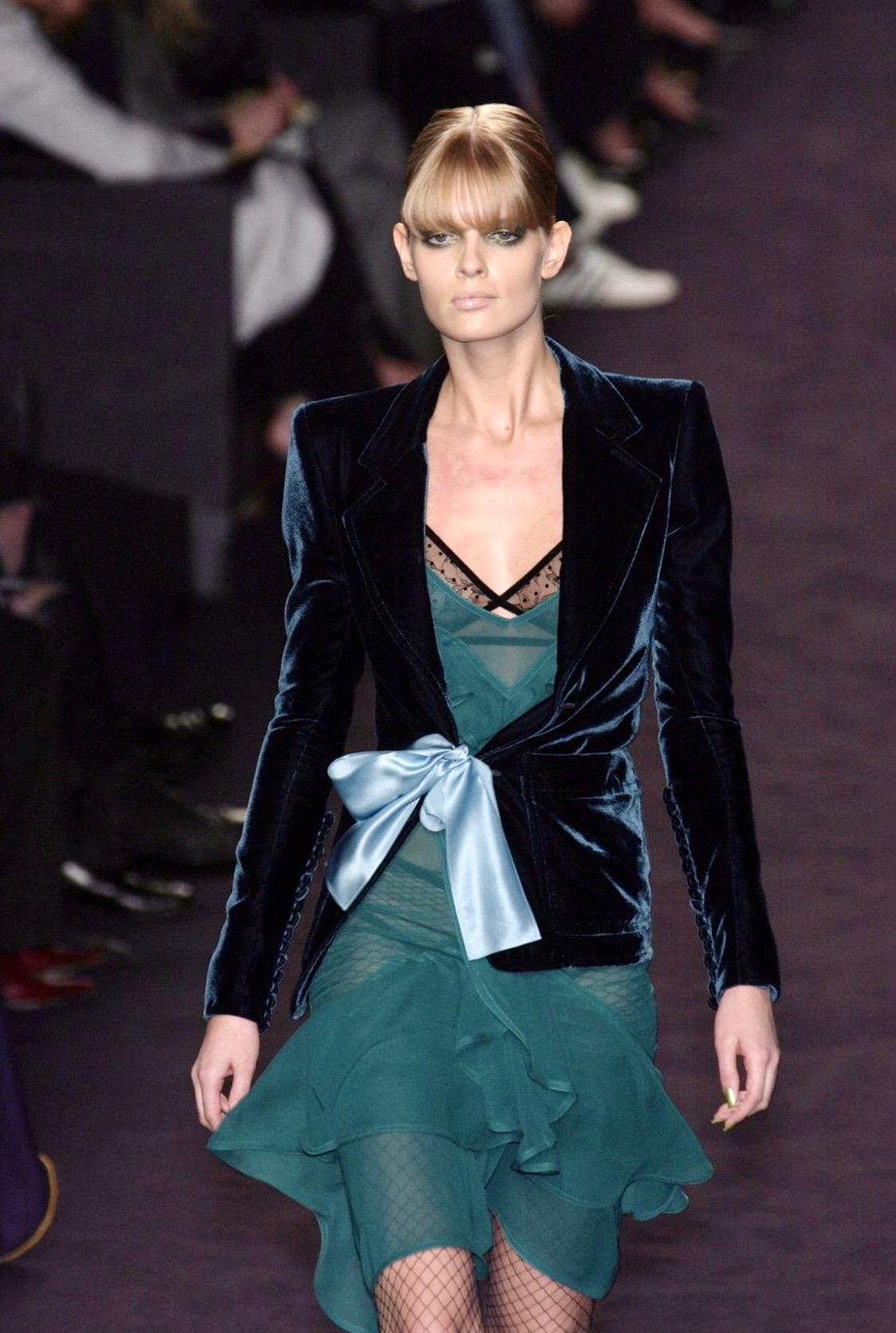 F/W 2003 Yves Saint Laurent by Tom Ford Runway Green Velvet Ribbon Skirt Suit - RealList