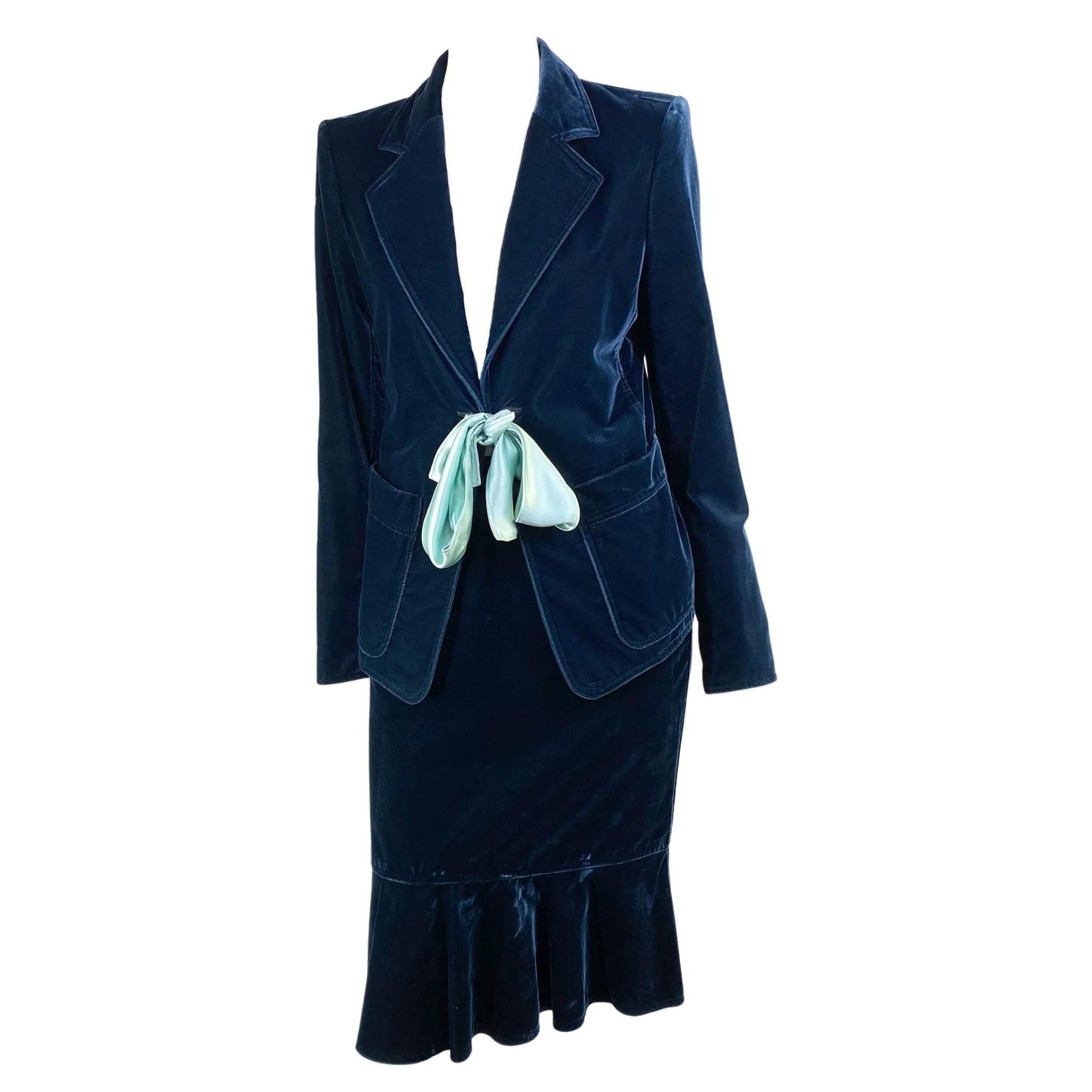 F/W 2003 Yves Saint Laurent by Tom Ford Runway Green Velvet Ribbon Skirt Suit - RealList