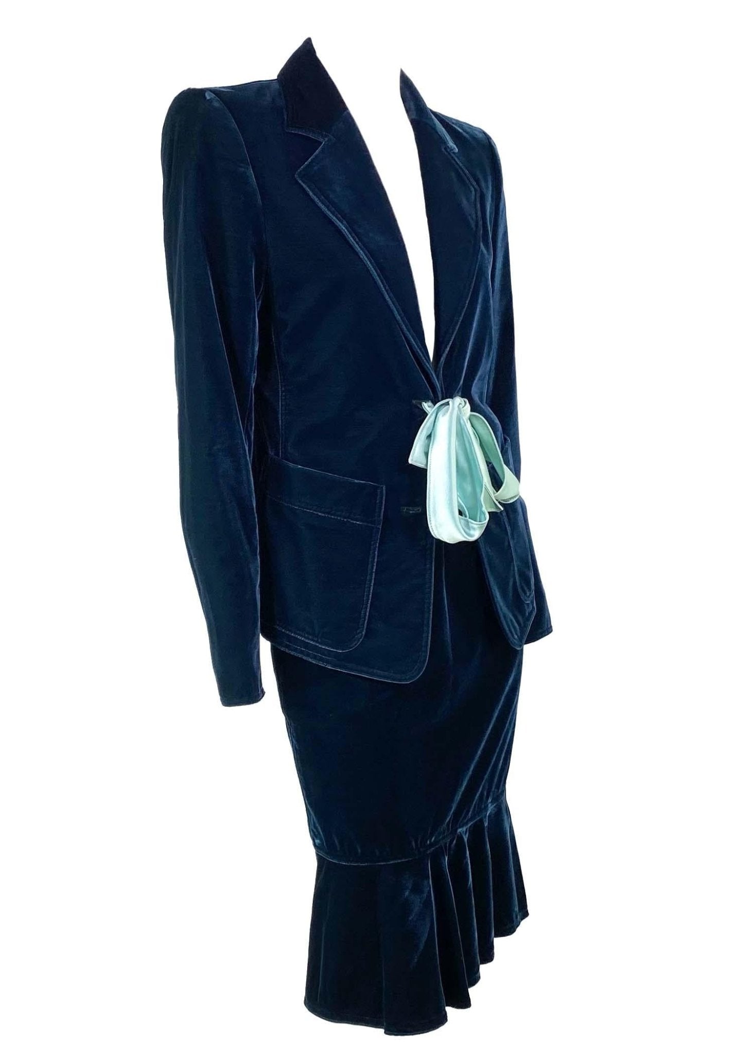 F/W 2003 Yves Saint Laurent by Tom Ford Runway Green Velvet Ribbon Skirt Suit - RealList
