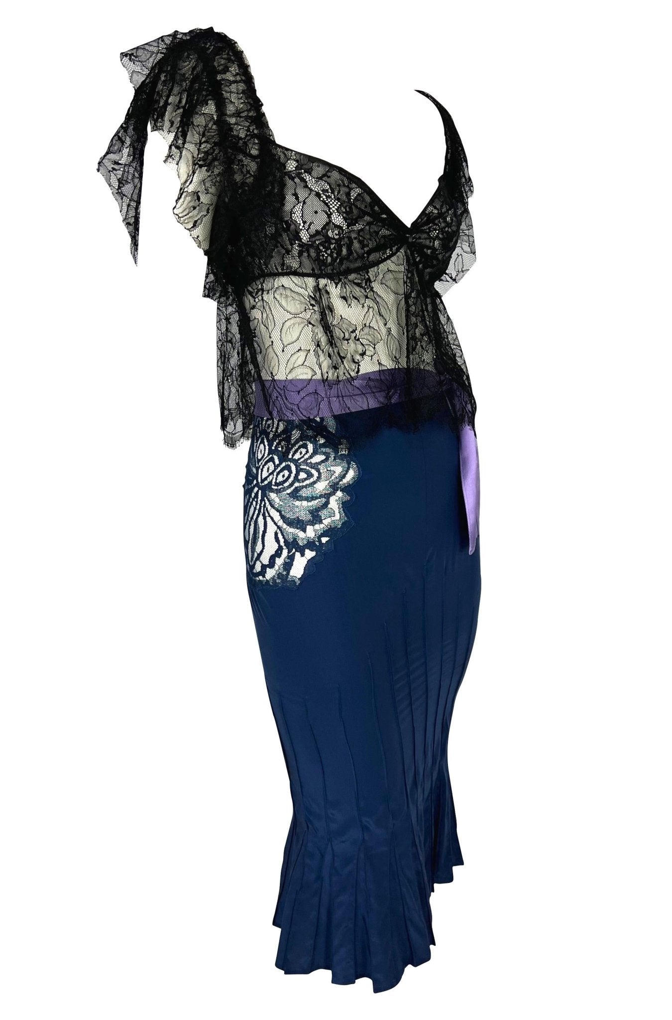 F/W 2003 Yves Saint Laurent by Tom Ford Runway Purple Satin Sheer Lace Skirt Set - RealList