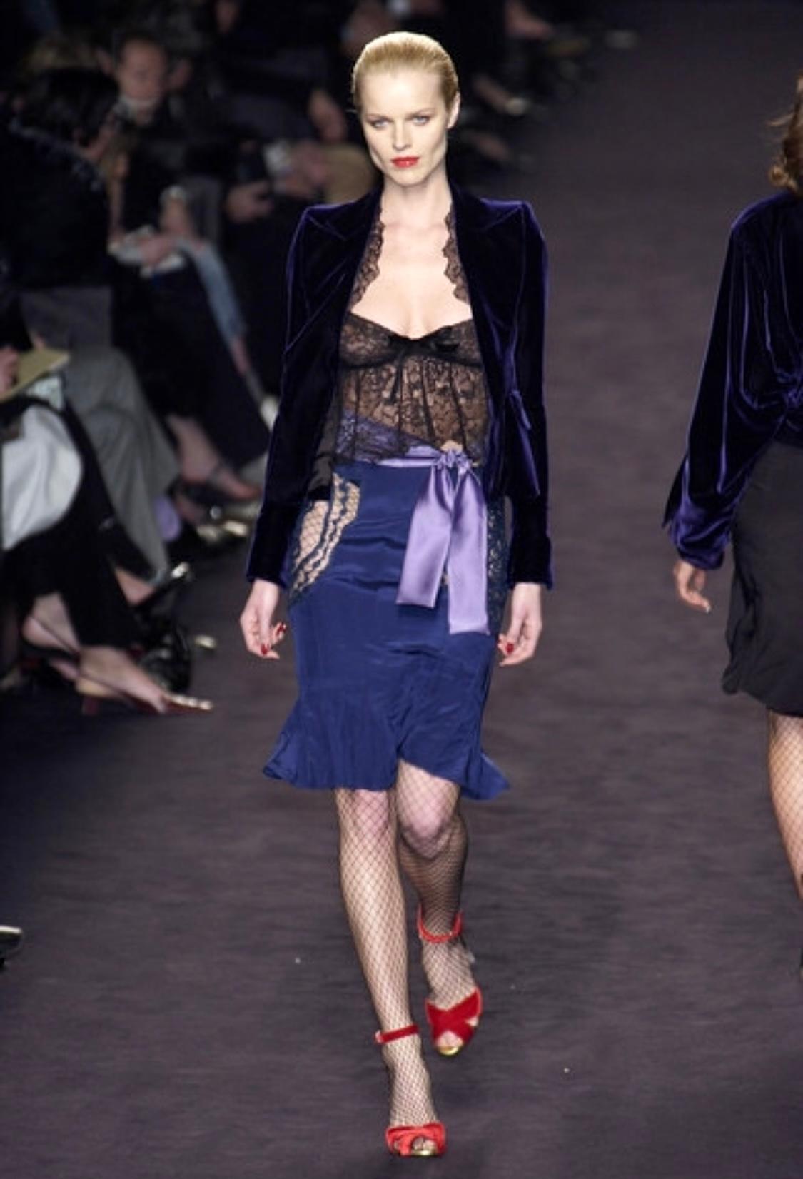 F/W 2003 Yves Saint Laurent by Tom Ford Runway Purple Satin Sheer Lace Skirt Set - RealList