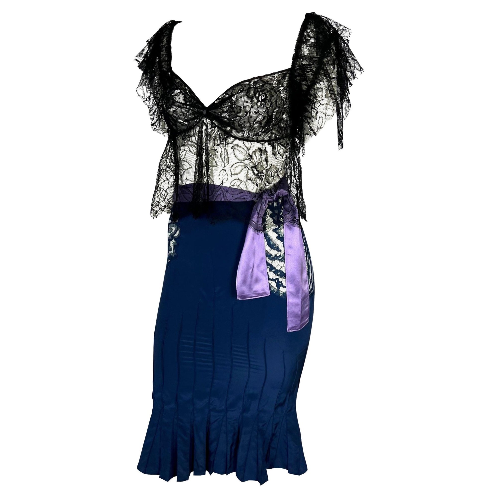 F/W 2003 Yves Saint Laurent by Tom Ford Runway Purple Satin Sheer Lace Skirt Set - RealList
