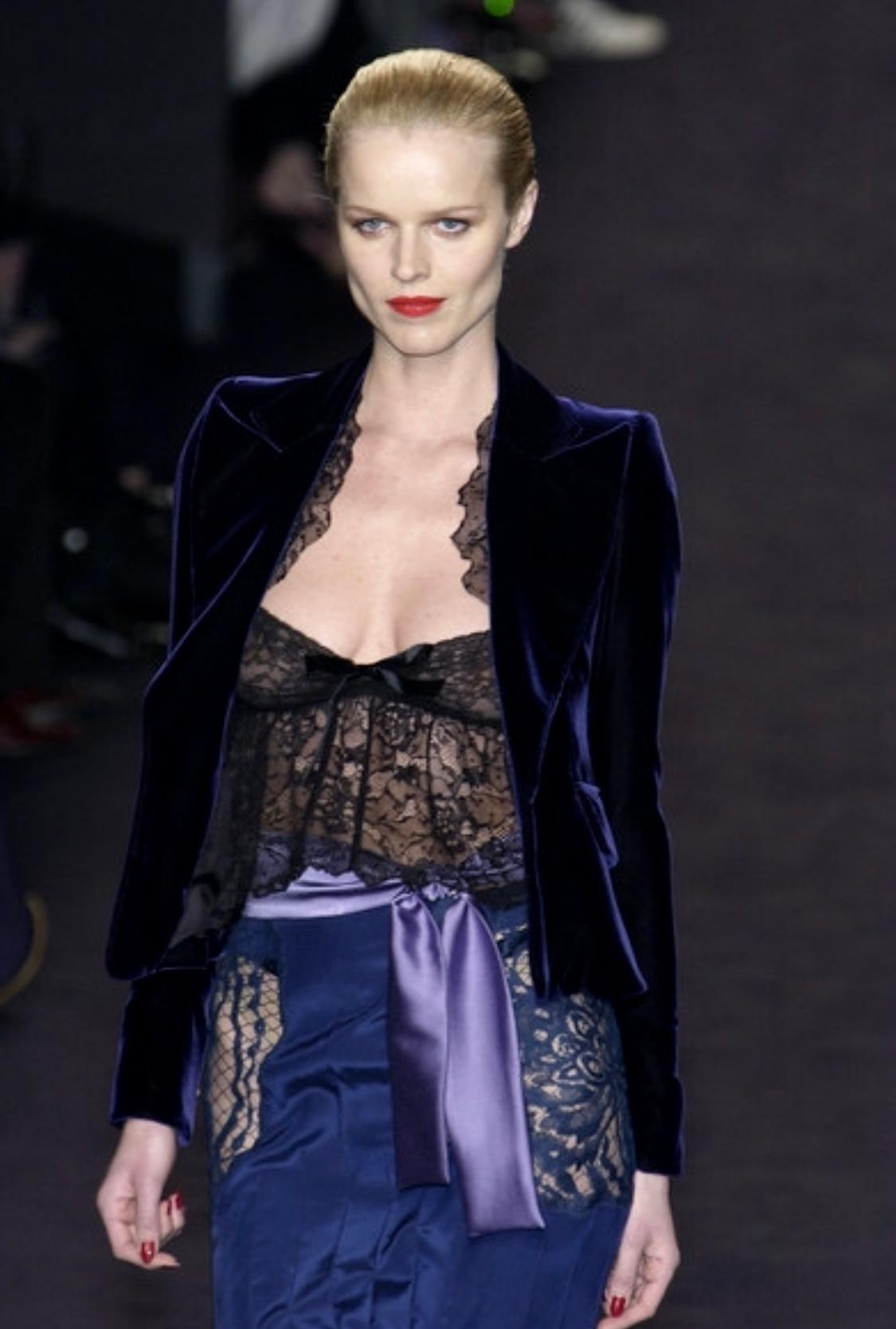 F/W 2003 Yves Saint Laurent by Tom Ford Runway Purple Satin Sheer Lace Skirt Set - RealList