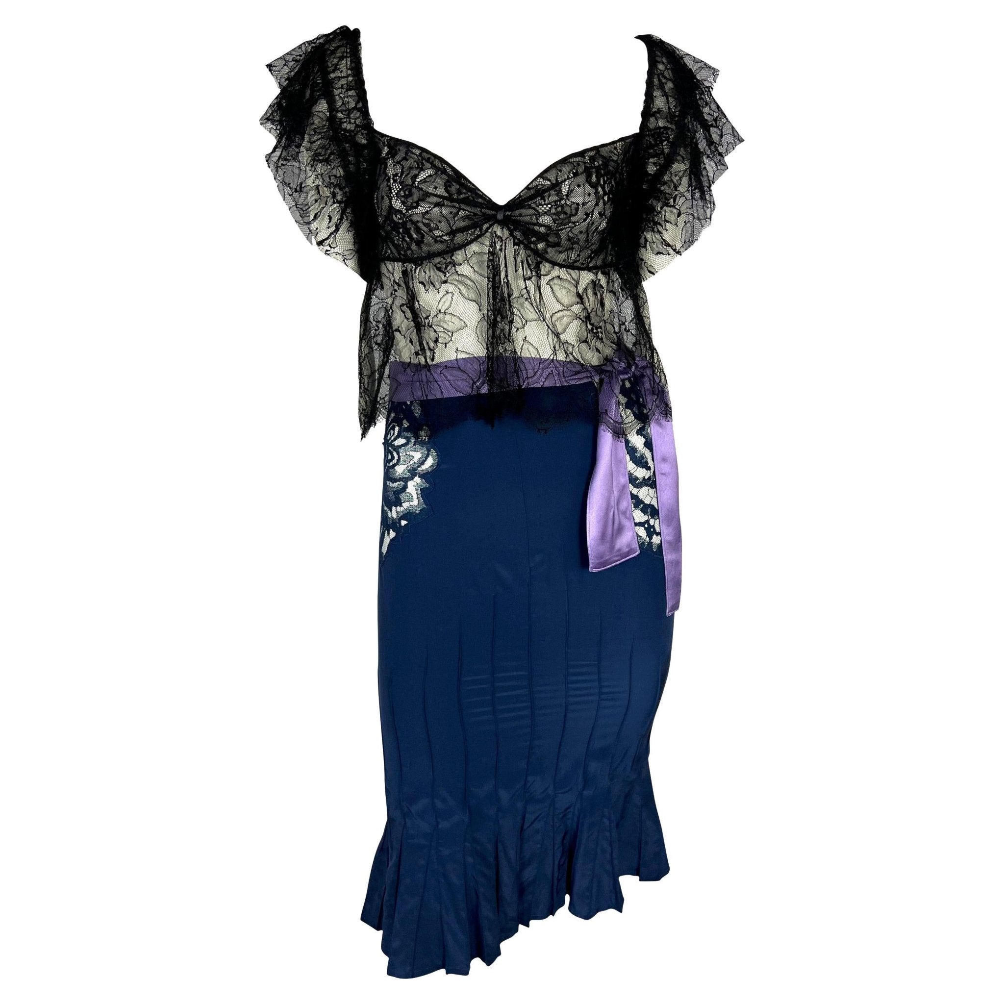 F/W 2003 Yves Saint Laurent by Tom Ford Runway Purple Satin Sheer Lace Skirt Set - RealList