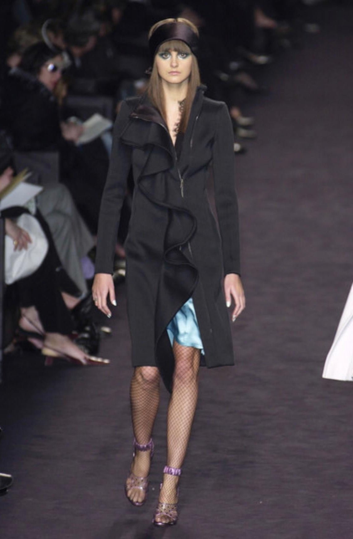 F/W 2003 Yves Saint Laurent by Tom Ford Runway Ruffle Overcoat Black - RealList