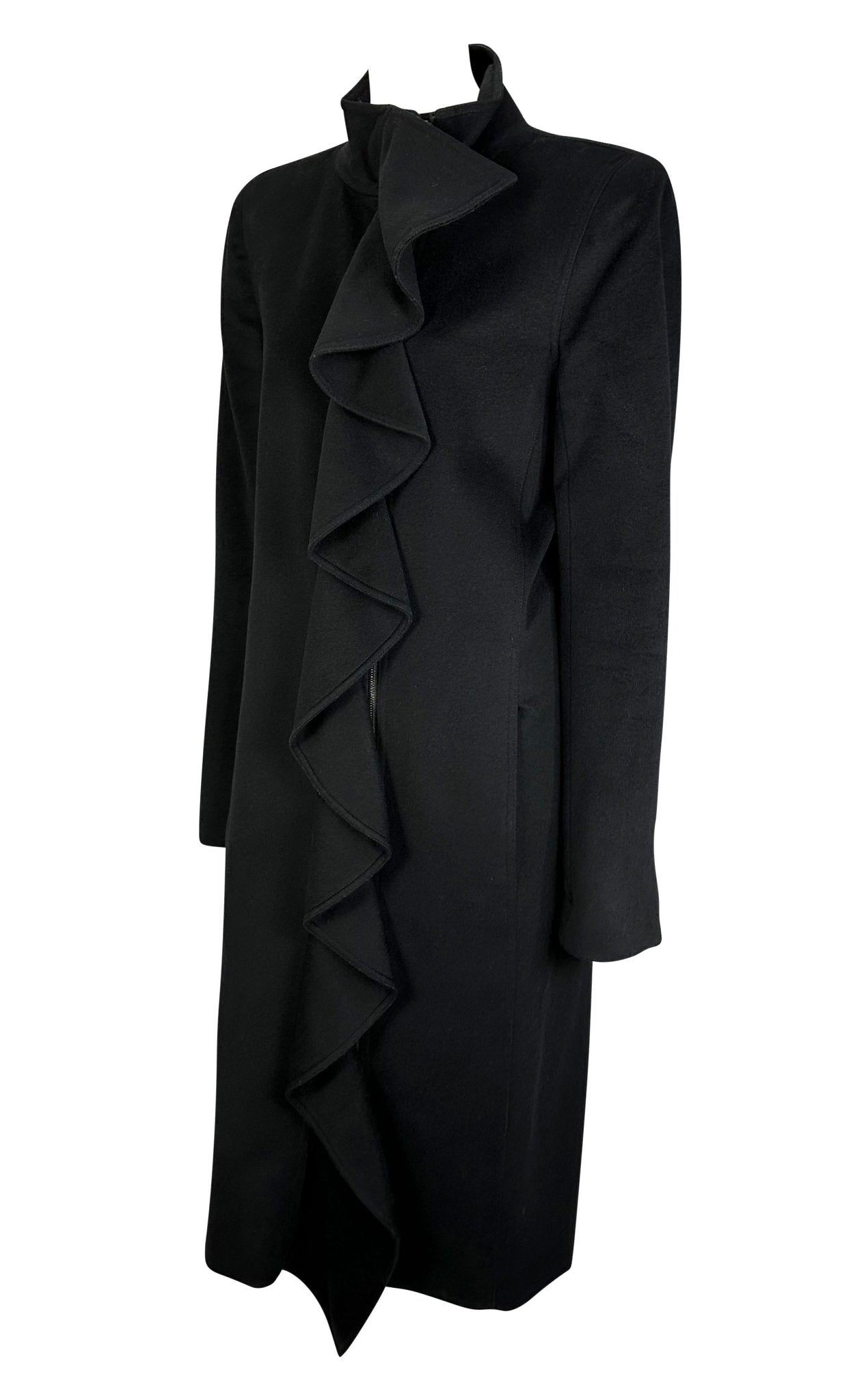 F/W 2003 Yves Saint Laurent by Tom Ford Runway Ruffle Overcoat Black - RealList