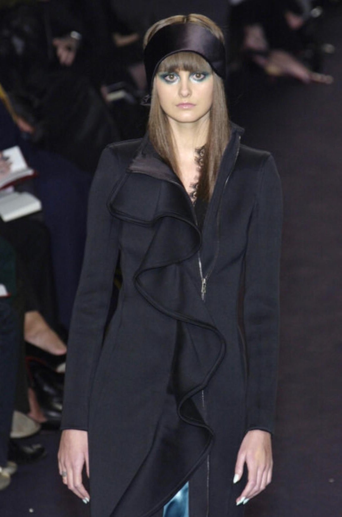 F/W 2003 Yves Saint Laurent by Tom Ford Runway Ruffle Overcoat Black - RealList
