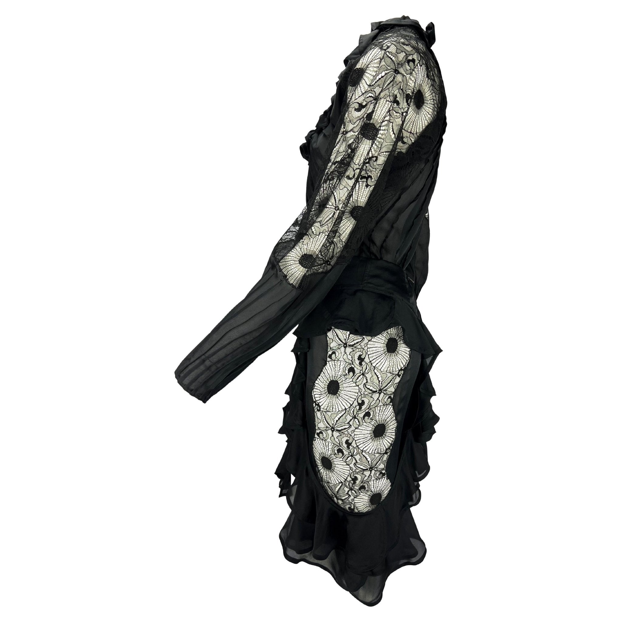 F/W 2003 Yves Saint Laurent by Tom Ford Sheer Lace Satin Ruffled Top Skirt Set - RealList