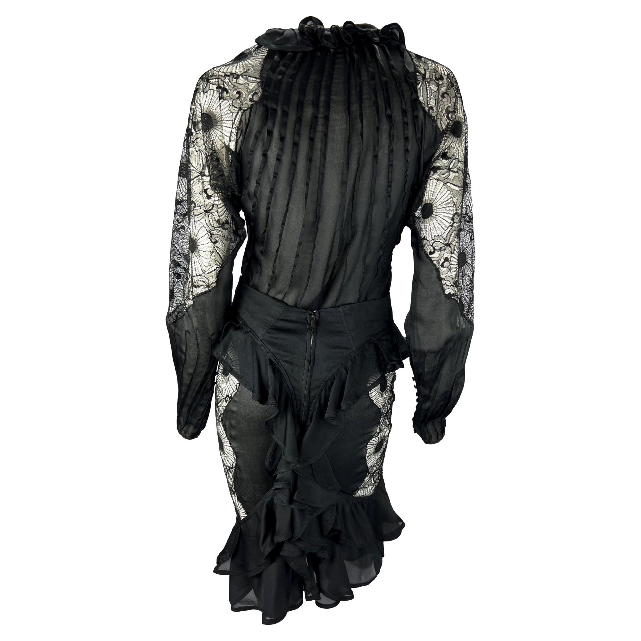 F/W 2003 Yves Saint Laurent by Tom Ford Sheer Lace Satin Ruffled Top Skirt Set - RealList