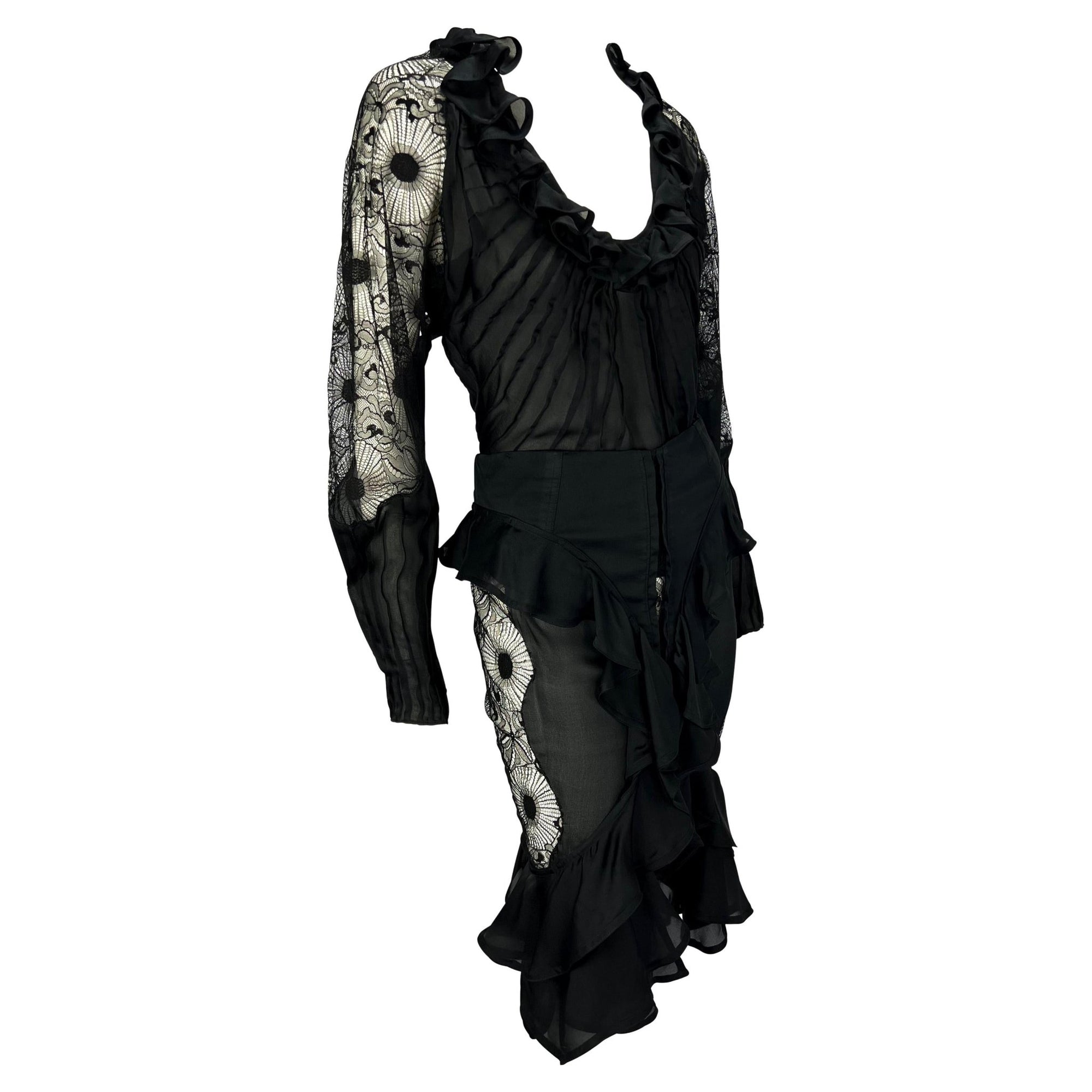 F/W 2003 Yves Saint Laurent by Tom Ford Sheer Lace Satin Ruffled Top Skirt Set - RealList