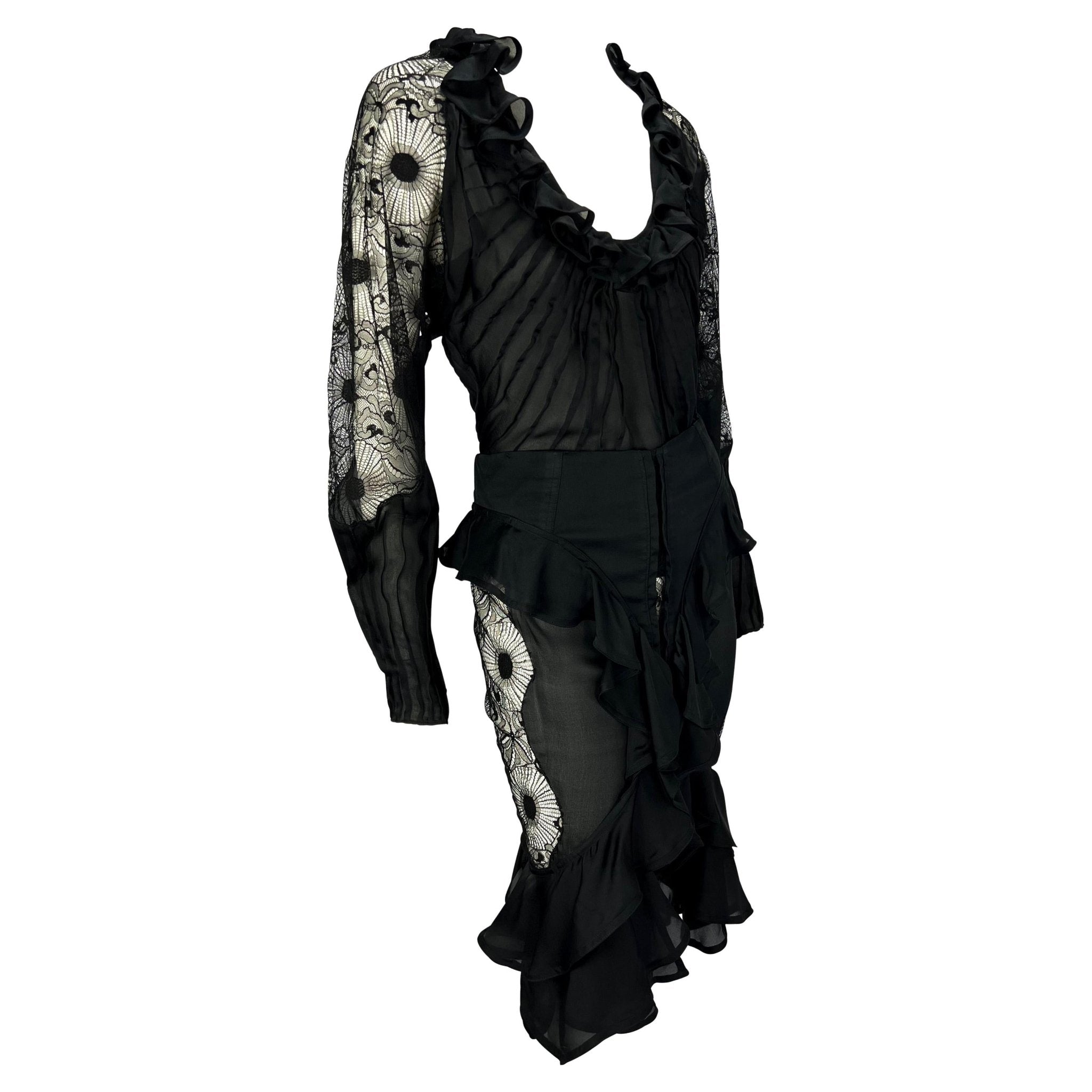 F/W 2003 Yves Saint Laurent by Tom Ford Sheer Lace Satin Ruffled Top Skirt Set - RealList