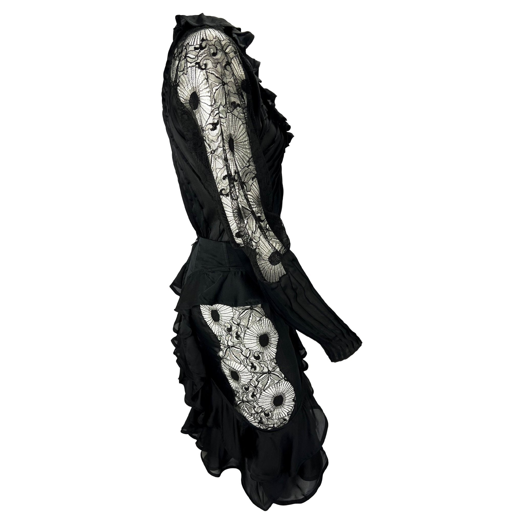 F/W 2003 Yves Saint Laurent by Tom Ford Sheer Lace Satin Ruffled Top Skirt Set - RealList