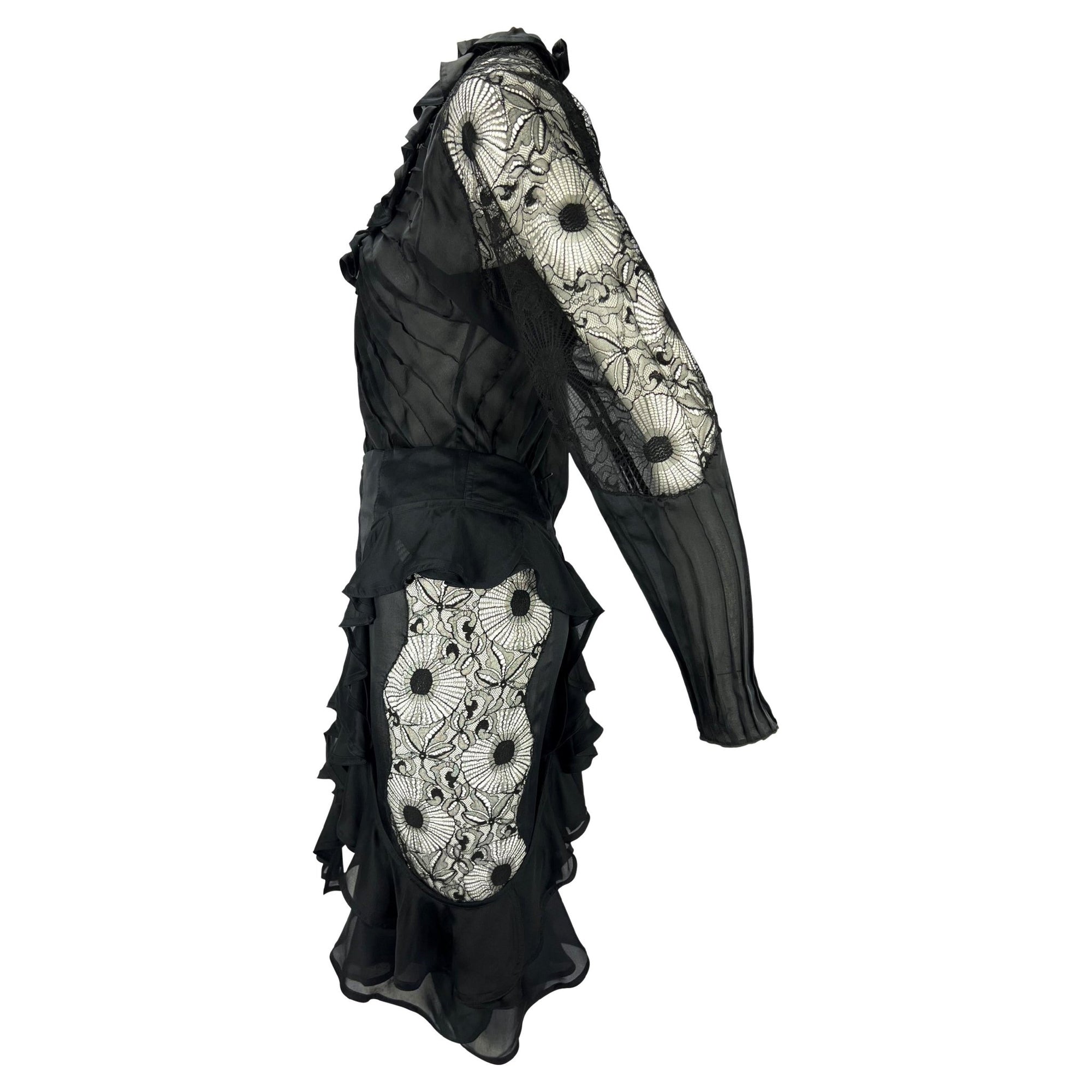 F/W 2003 Yves Saint Laurent by Tom Ford Sheer Lace Satin Ruffled Top Skirt Set - RealList