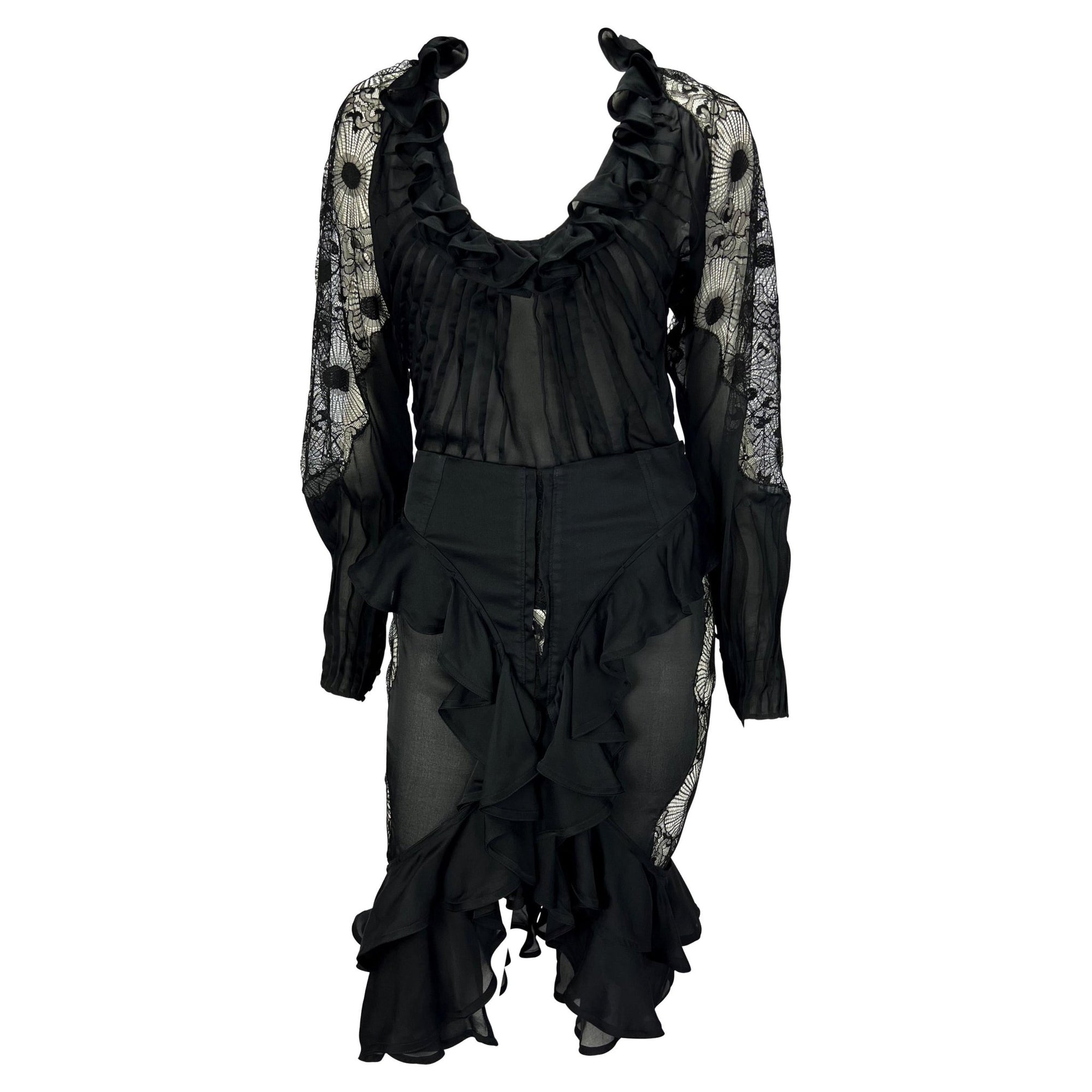 F/W 2003 Yves Saint Laurent by Tom Ford Sheer Lace Satin Ruffled Top Skirt Set - RealList