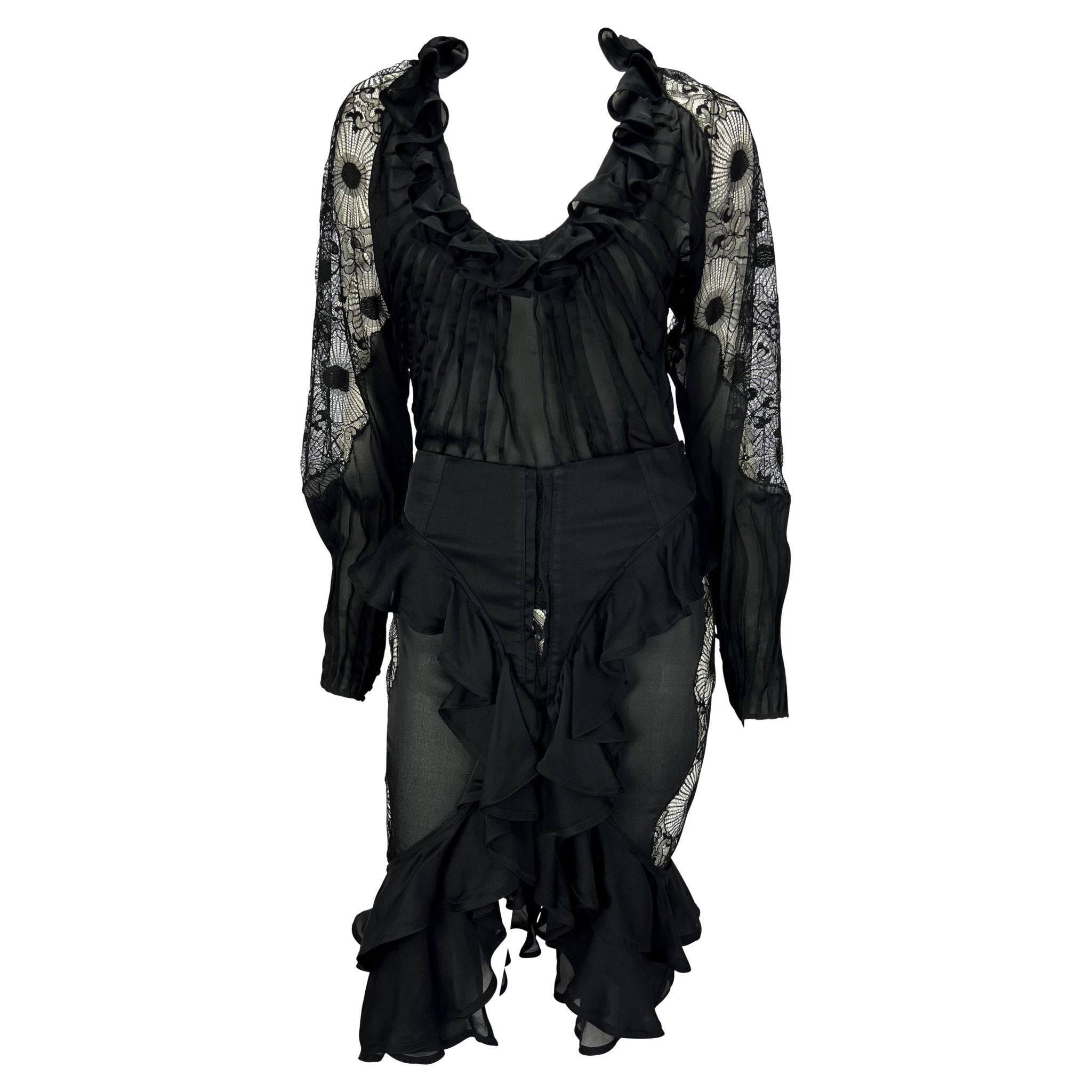 F/W 2003 Yves Saint Laurent by Tom Ford Sheer Lace Satin Ruffled Top Skirt Set - RealList