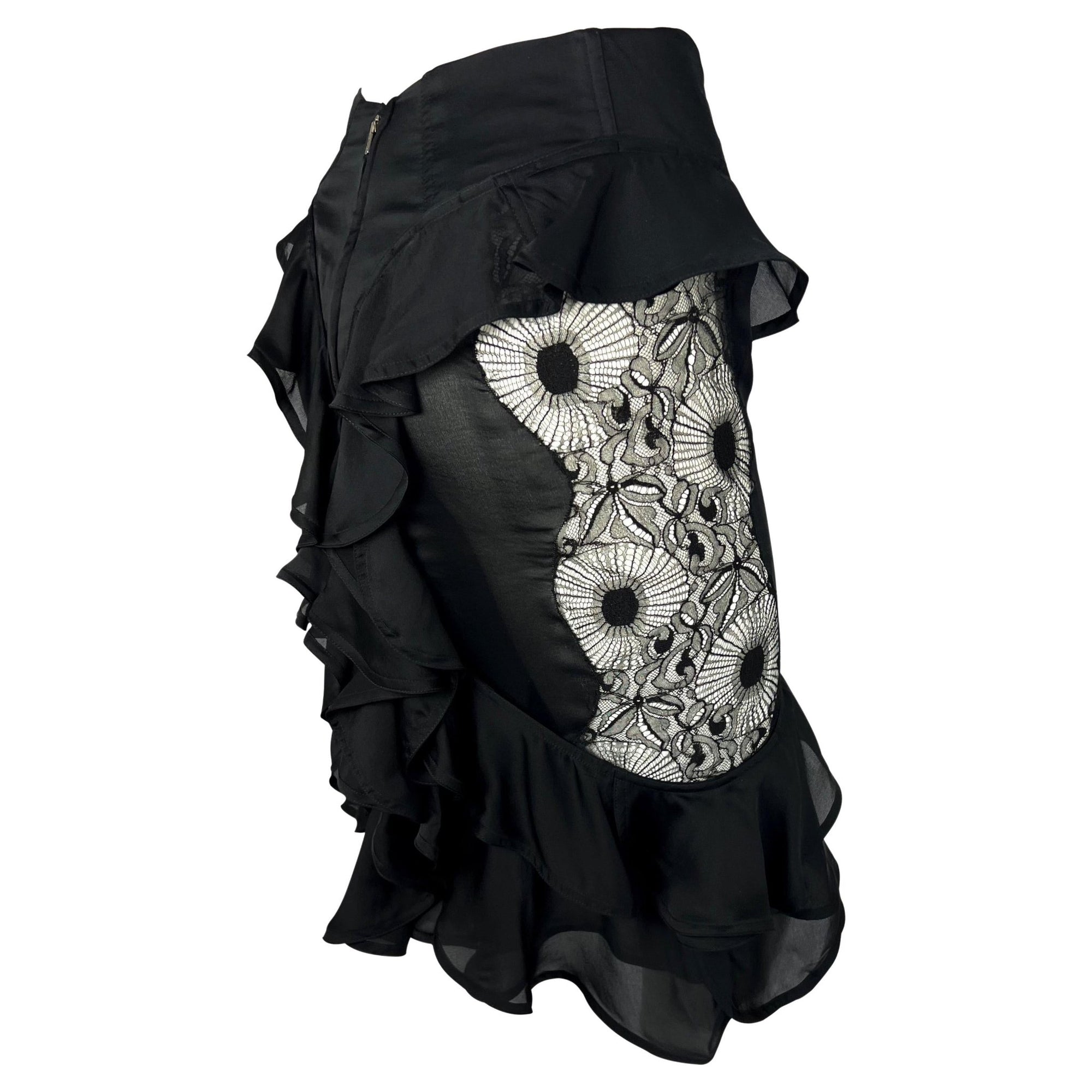 F/W 2003 Yves Saint Laurent by Tom Ford Sheer Lace Satin Ruffled Top Skirt Set - RealList