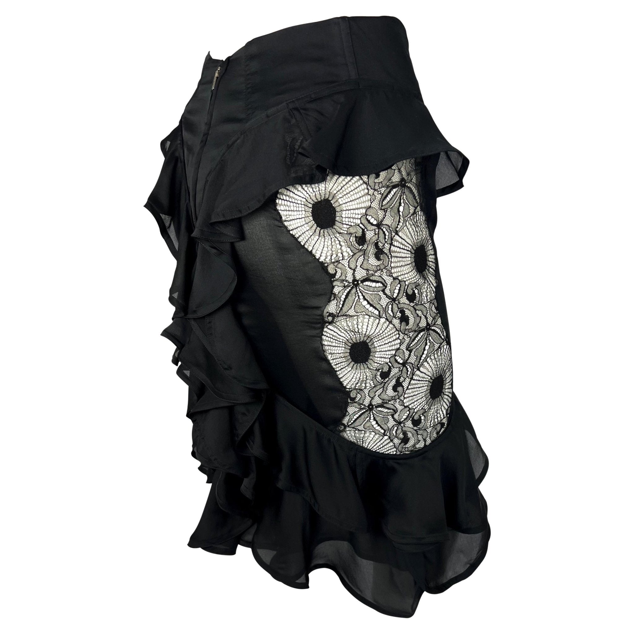 F/W 2003 Yves Saint Laurent by Tom Ford Sheer Lace Satin Ruffled Top Skirt Set - RealList