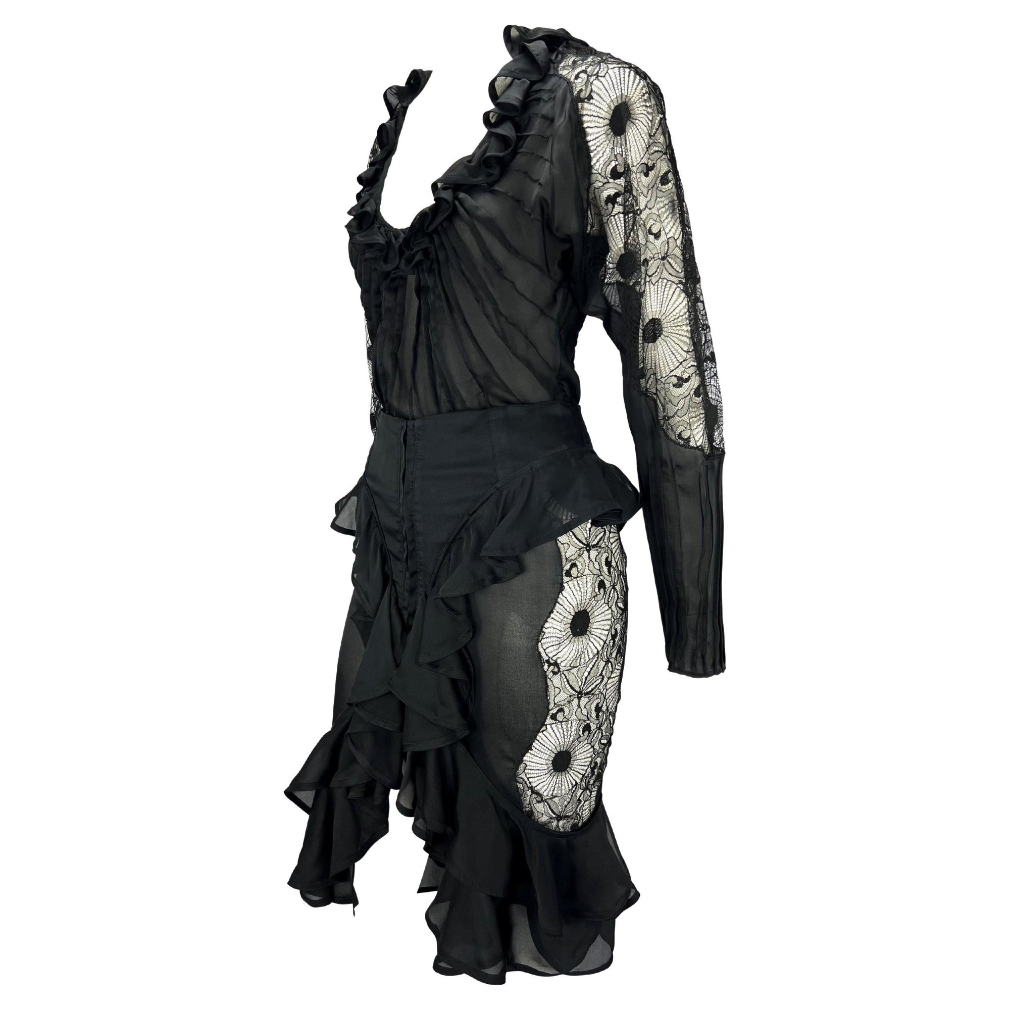 F/W 2003 Yves Saint Laurent by Tom Ford Sheer Lace Satin Ruffled Top Skirt Set - RealList