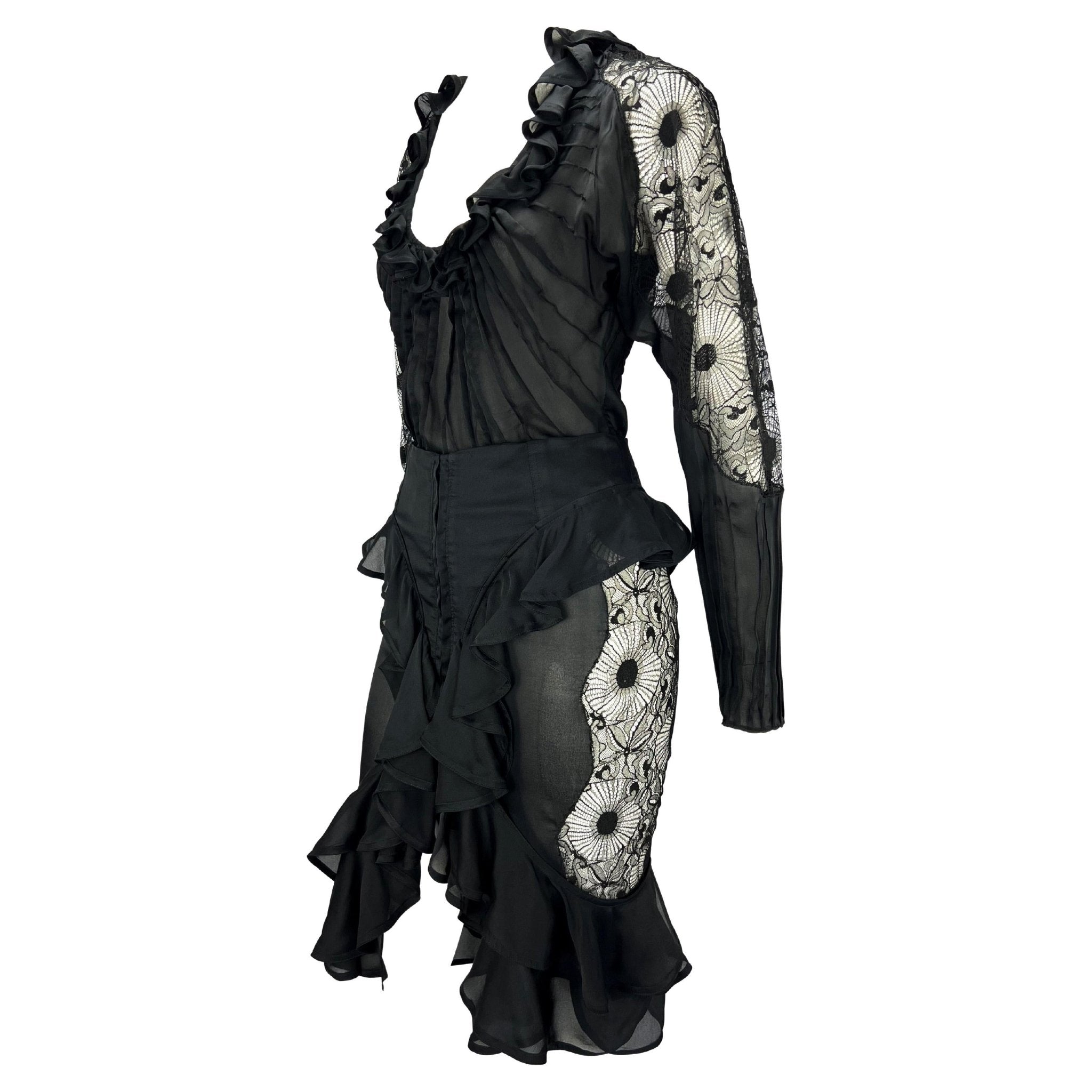 F/W 2003 Yves Saint Laurent by Tom Ford Sheer Lace Satin Ruffled Top Skirt Set - RealList