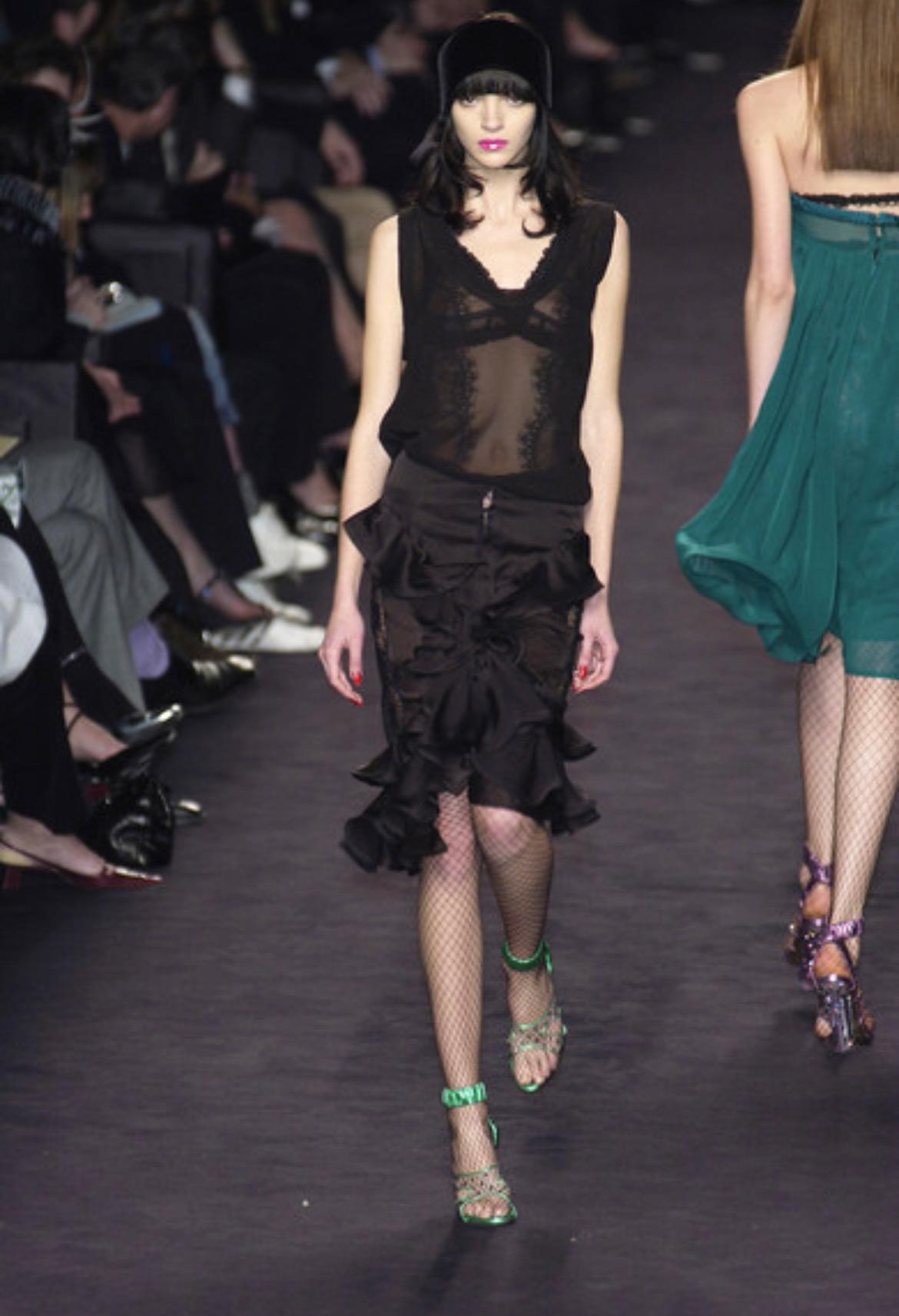 F/W 2003 Yves Saint Laurent by Tom Ford Sheer Lace Satin Ruffled Top Skirt Set - RealList