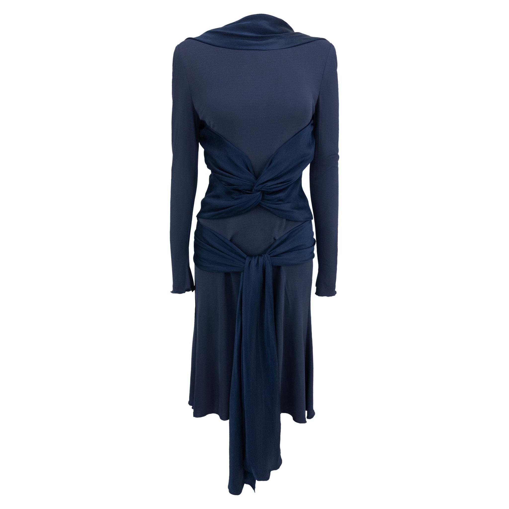 F/W 2004 Alexander McQueen Runway Navy Wraparound Satin Sash Long Sleeve Dress - RealList