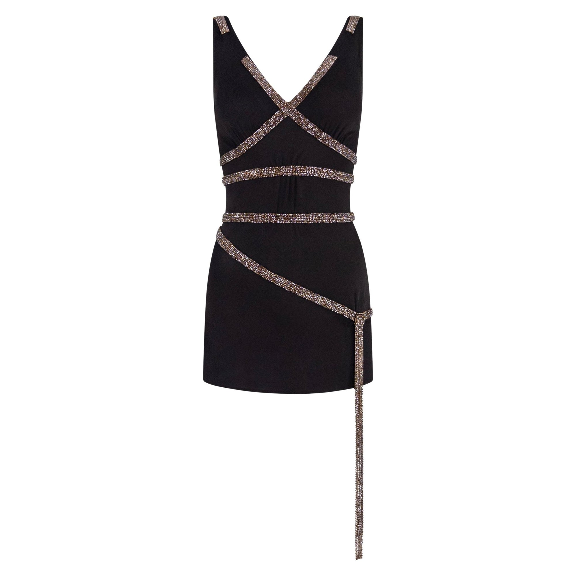 F/W 2004 Dolce & Gabbana Brown Crystal Chainmail Trim Mini Dress - RealList