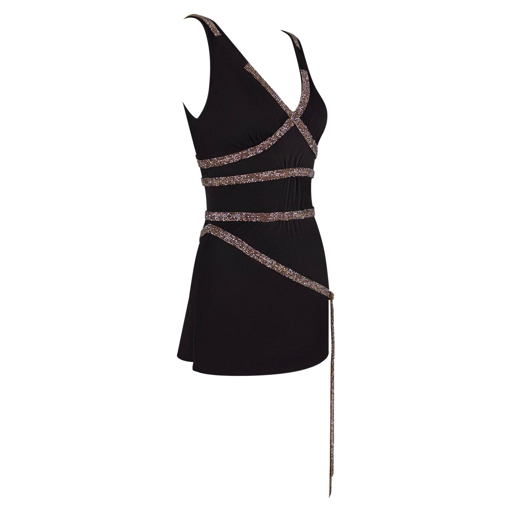 F/W 2004 Dolce & Gabbana Brown Crystal Chainmail Trim Mini Dress - RealList