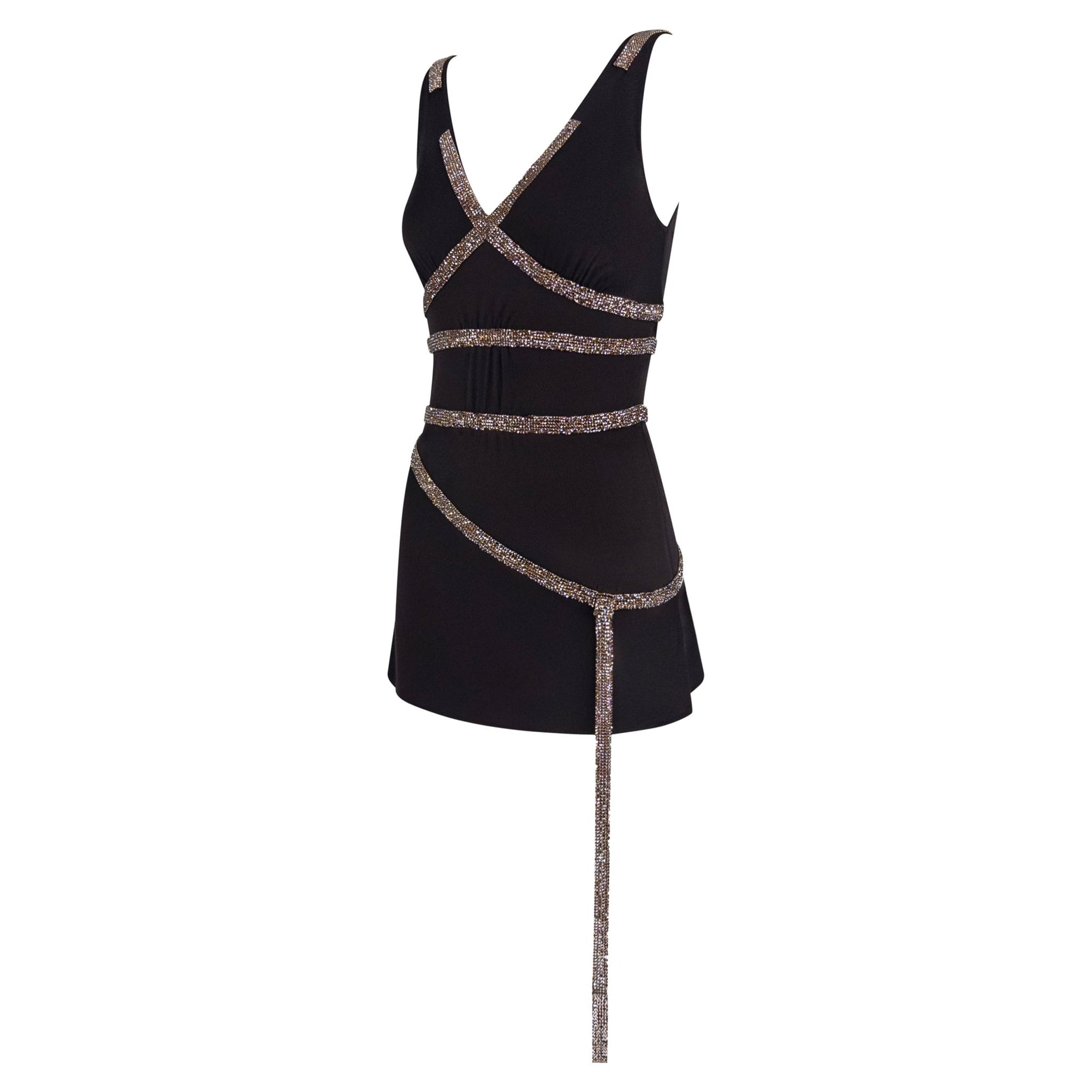 F/W 2004 Dolce & Gabbana Brown Crystal Chainmail Trim Mini Dress - RealList