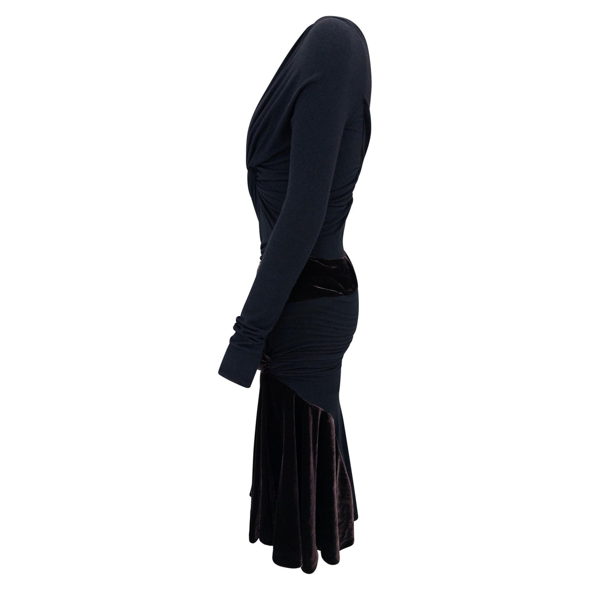 F/W 2004 Donna Karan Runway Brown Velvet Stretch Wool Long Sleeve Dress - RealList