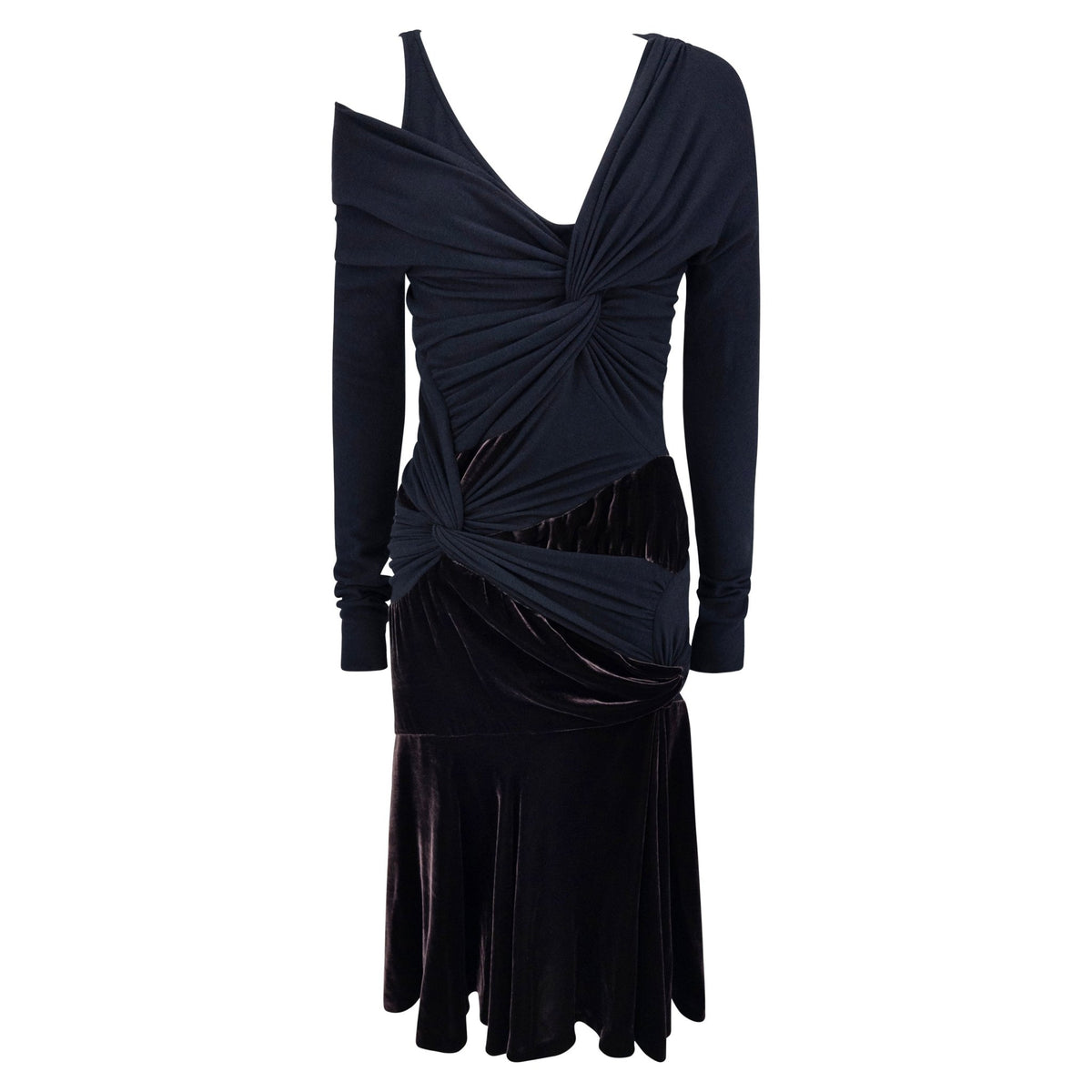F/W 2004 Donna Karan Runway Brown Velvet Stretch Wool Long Sleeve Dress - RealList