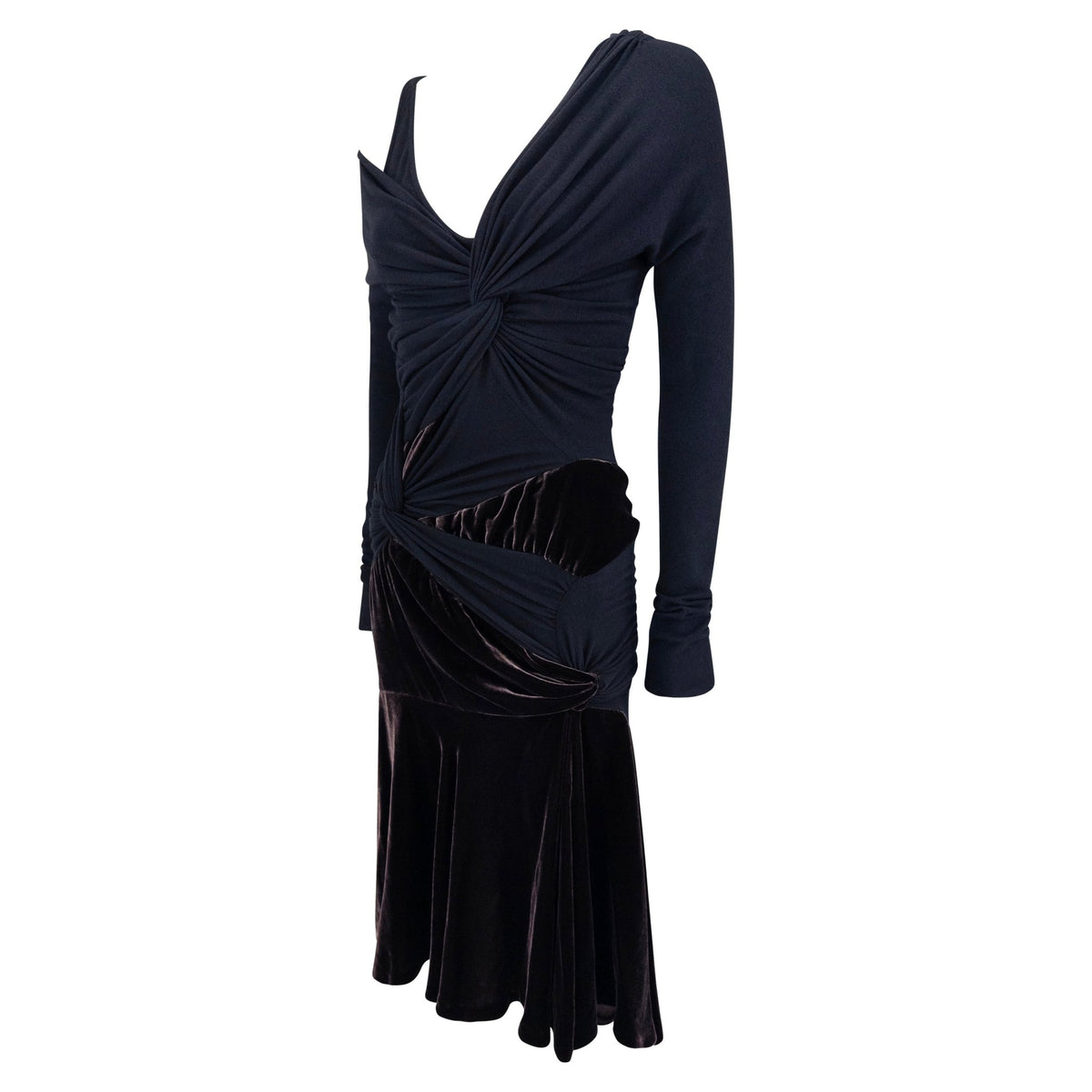 F/W 2004 Donna Karan Runway Brown Velvet Stretch Wool Long Sleeve Dress - RealList