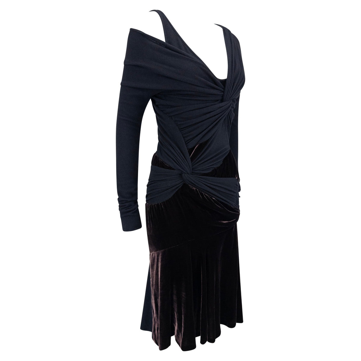 F/W 2004 Donna Karan Runway Brown Velvet Stretch Wool Long Sleeve Dress - RealList