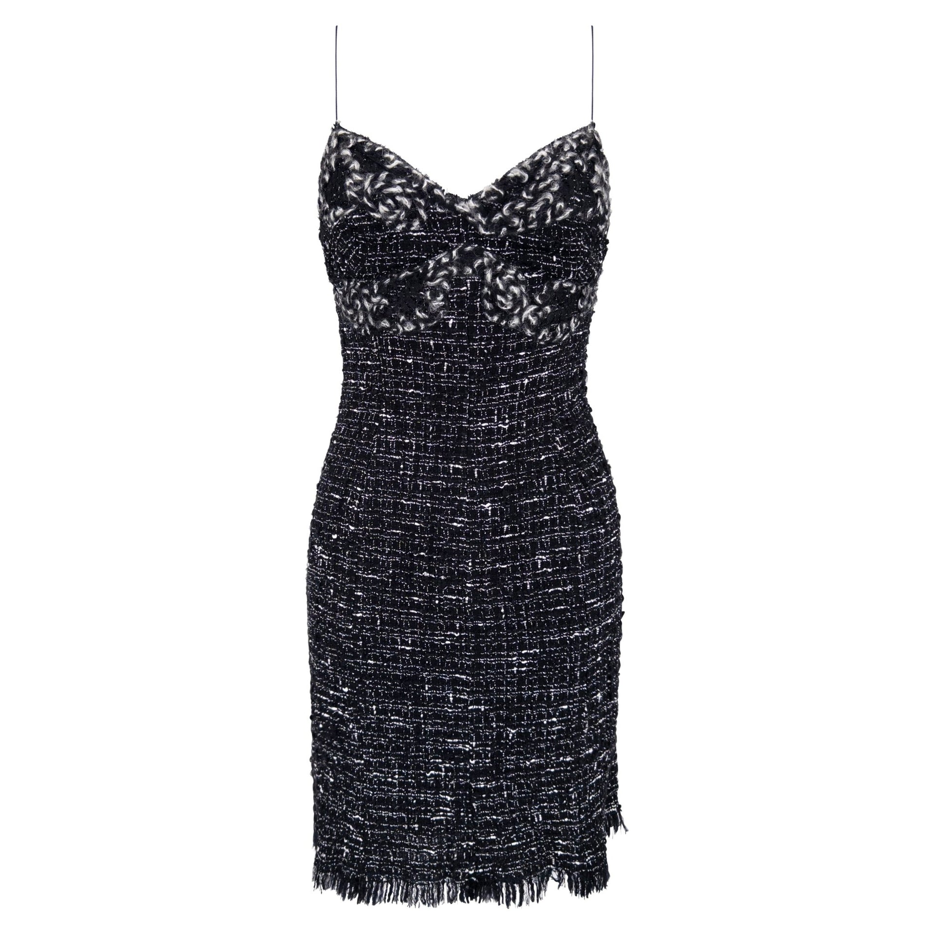 F/W 2004 Emanuel Ungaro Black White Distressed Tweed Mini Dress - RealList