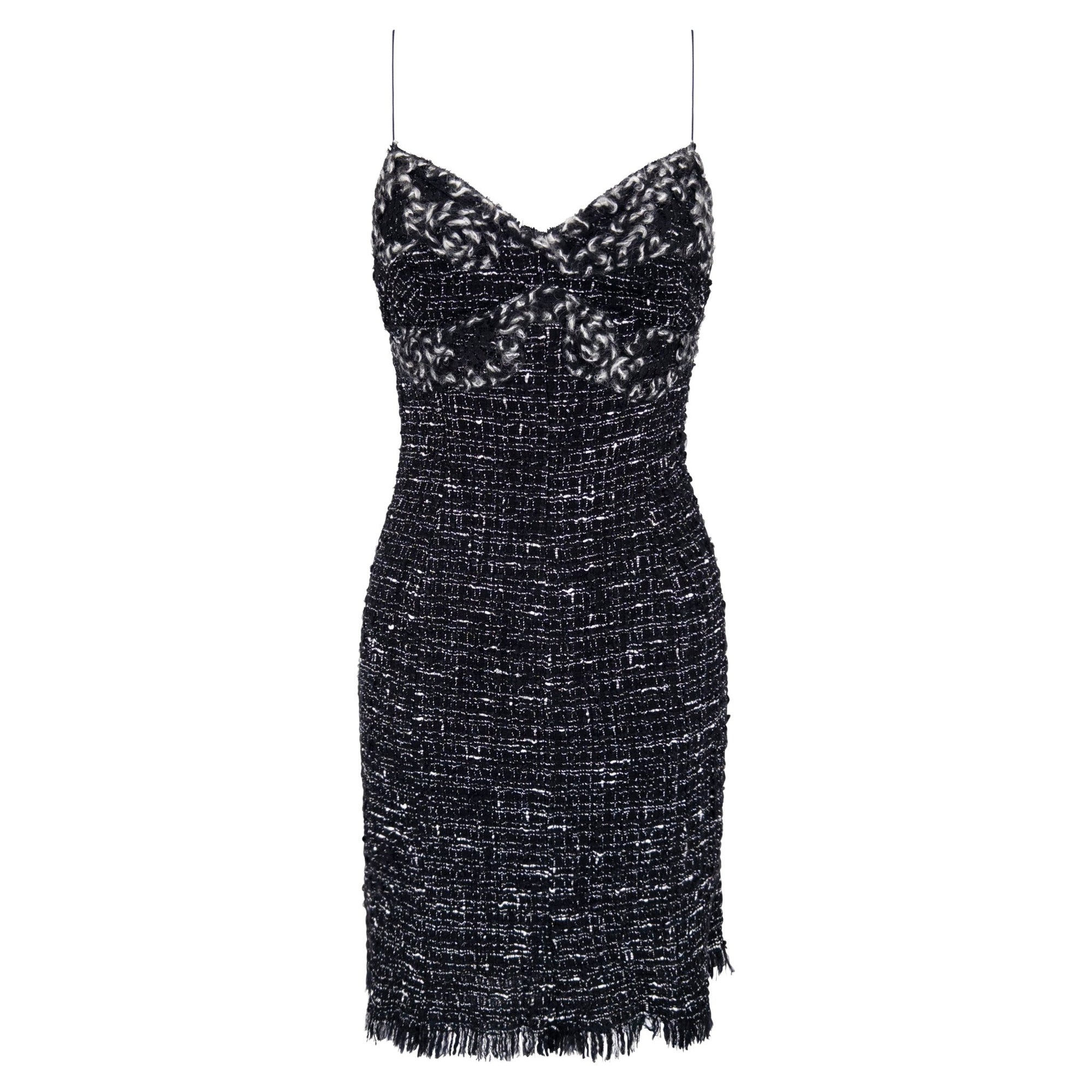 F/W 2004 Emanuel Ungaro Black White Distressed Tweed Mini Dress - RealList
