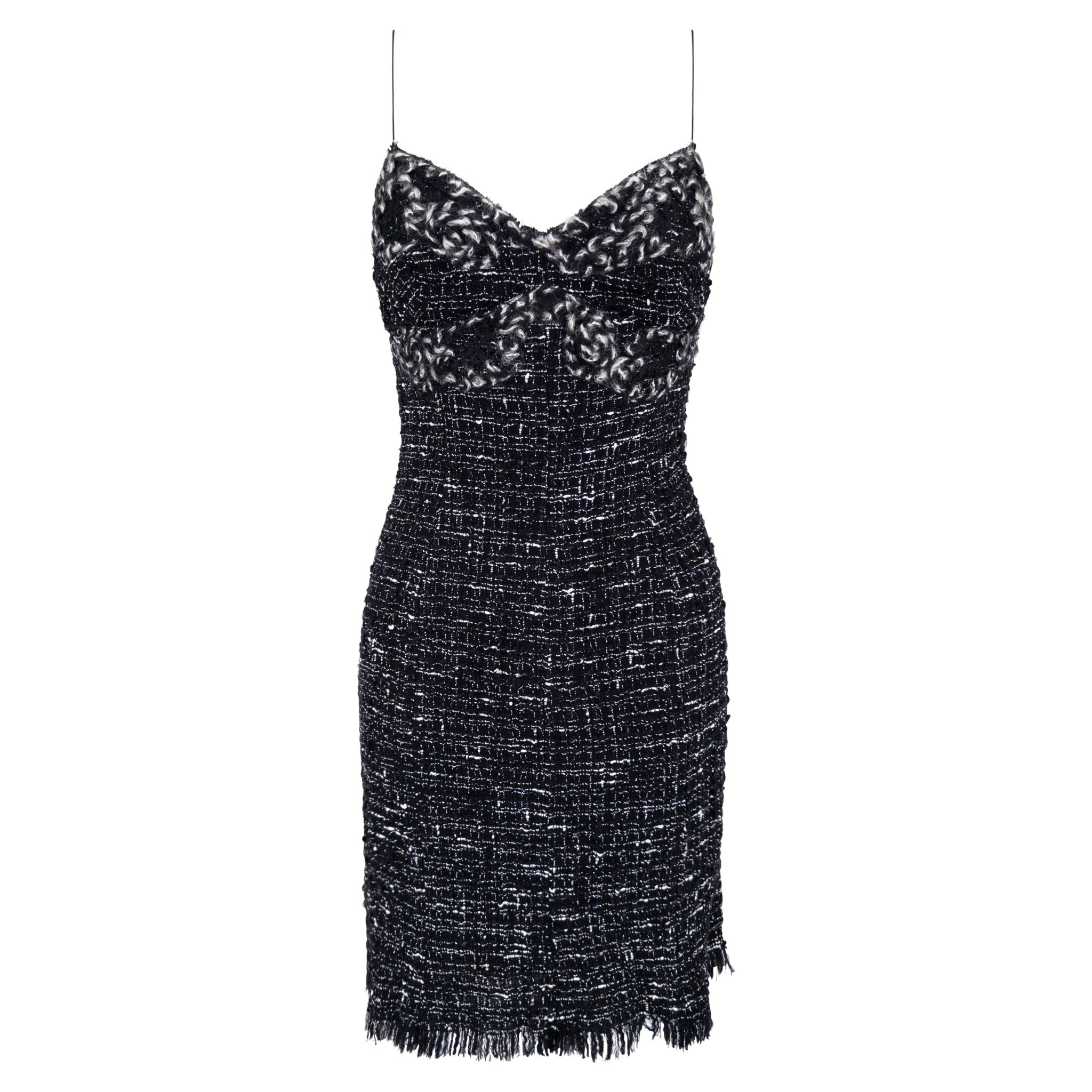 F/W 2004 Emanuel Ungaro Black White Distressed Tweed Mini Dress - RealList
