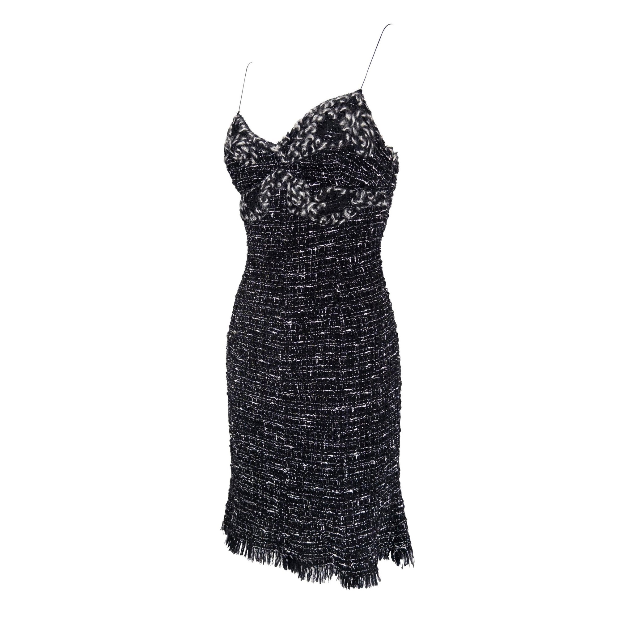 F/W 2004 Emanuel Ungaro Black White Distressed Tweed Mini Dress - RealList
