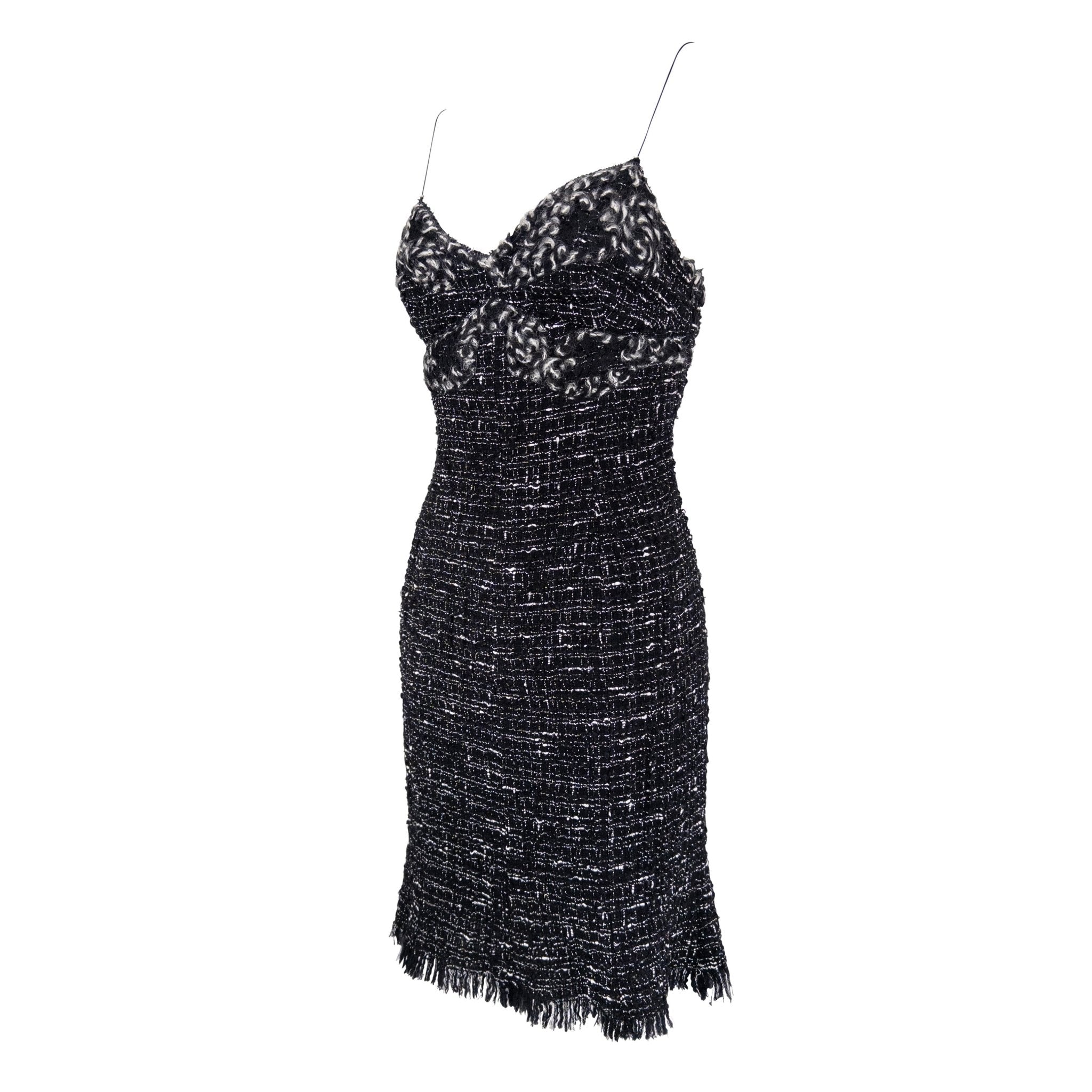 F/W 2004 Emanuel Ungaro Black White Distressed Tweed Mini Dress - RealList