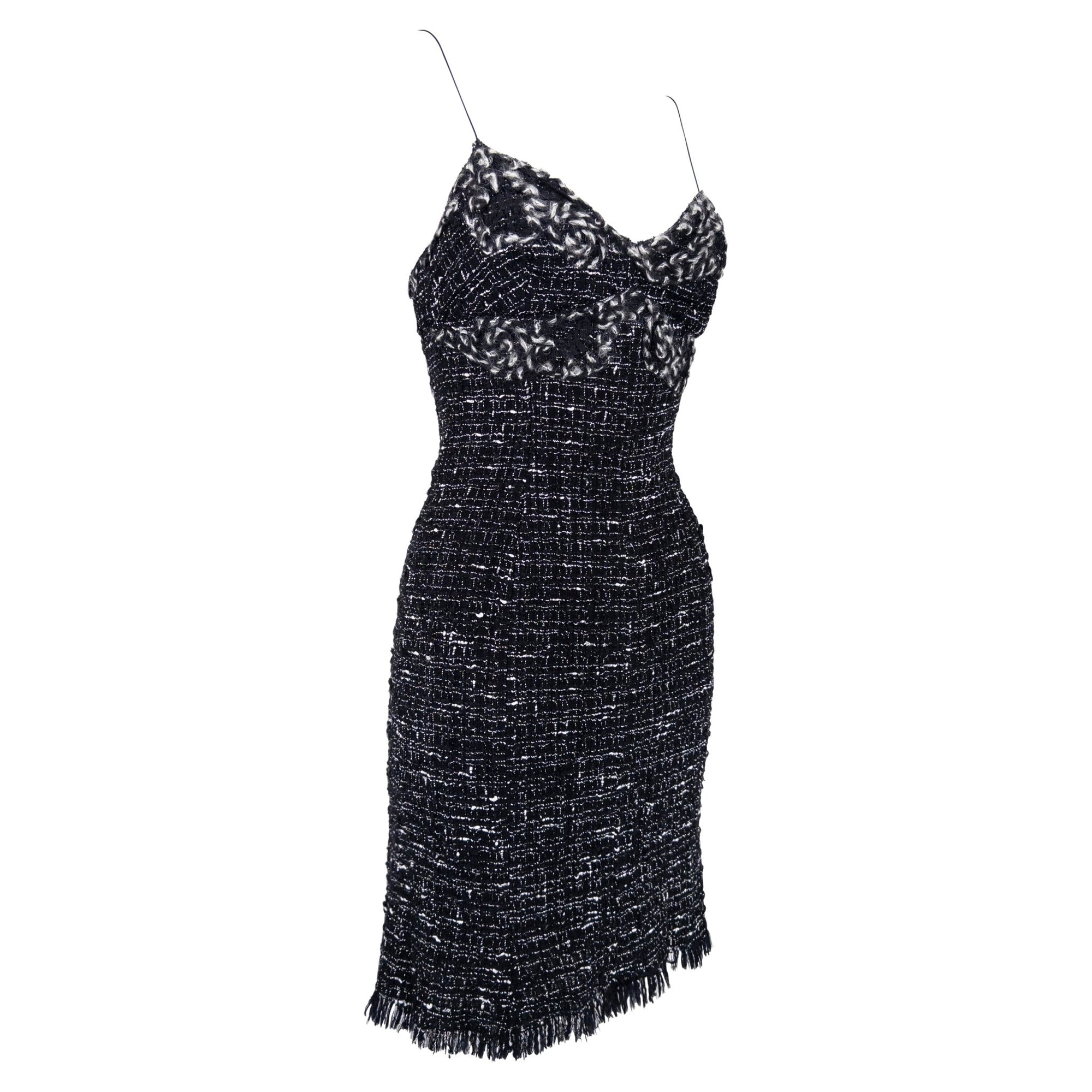 F/W 2004 Emanuel Ungaro Black White Distressed Tweed Mini Dress - RealList