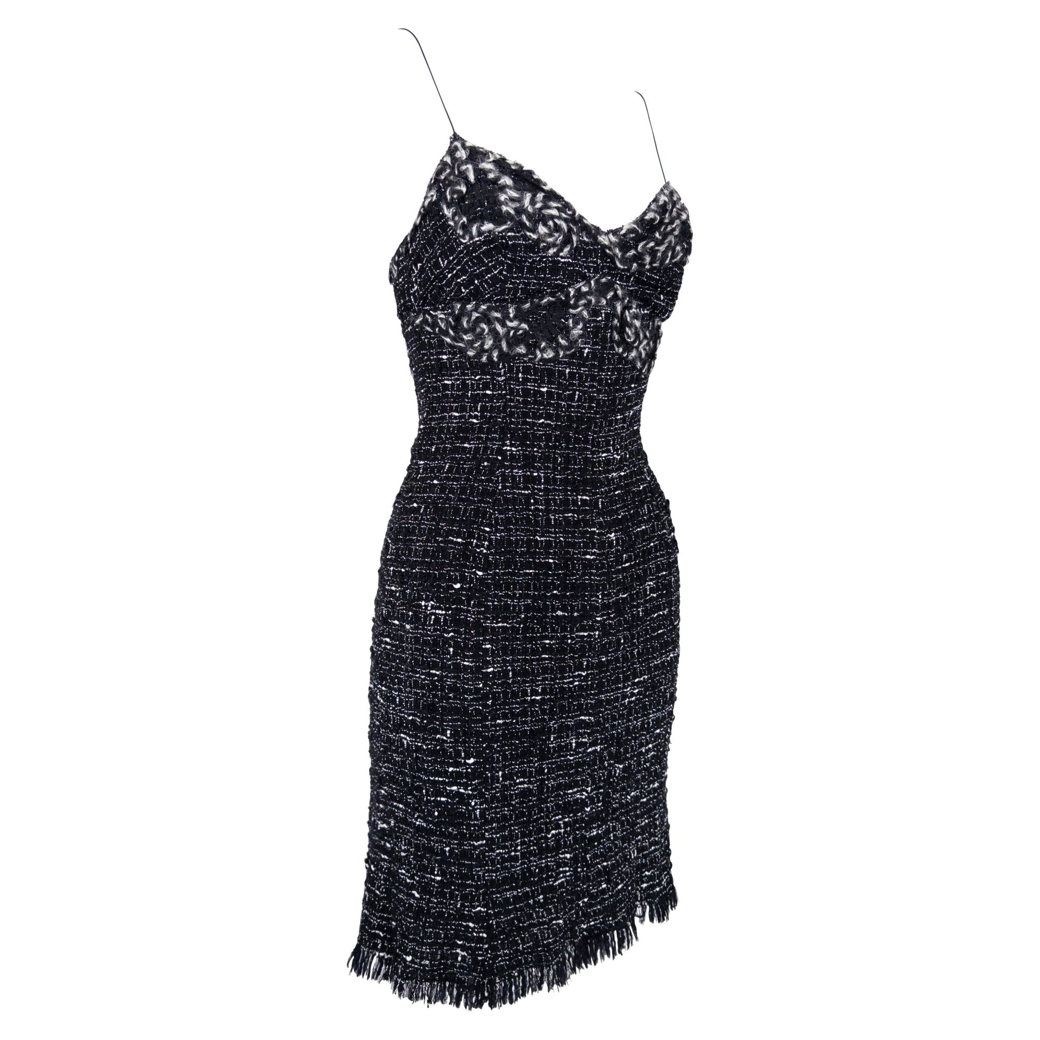 F/W 2004 Emanuel Ungaro Black White Distressed Tweed Mini Dress - RealList