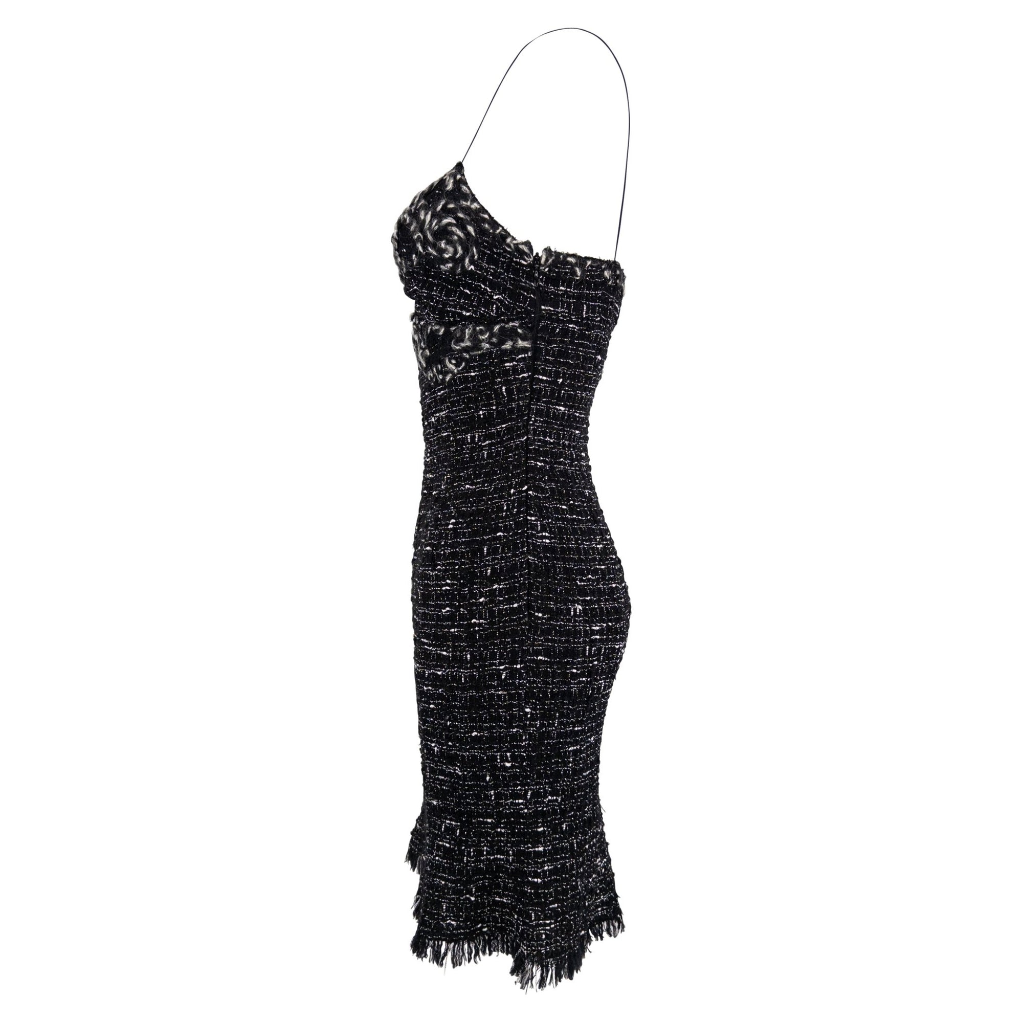 F/W 2004 Emanuel Ungaro Black White Distressed Tweed Mini Dress - RealList