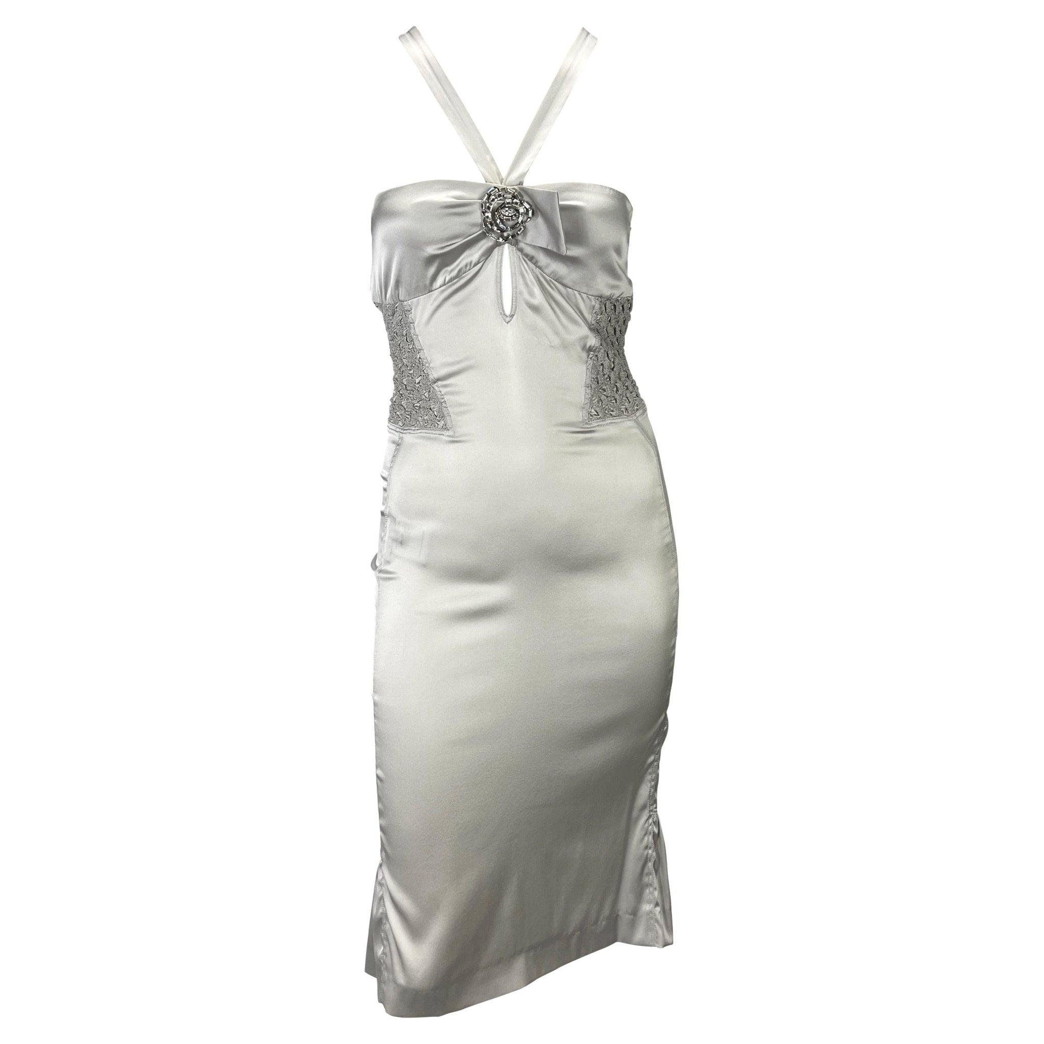 F/W 2004 Gucci by Tom Ford Backless Rhinestone Ruched Silver Silk Strap Dress - RealList