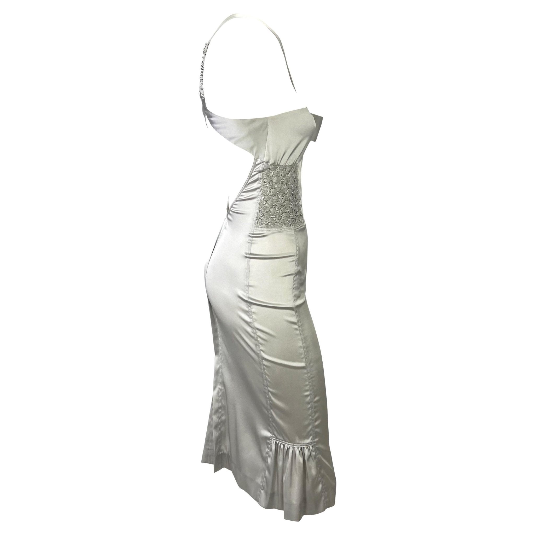 F/W 2004 Gucci by Tom Ford Backless Rhinestone Ruched Silver Silk Strap Dress - RealList