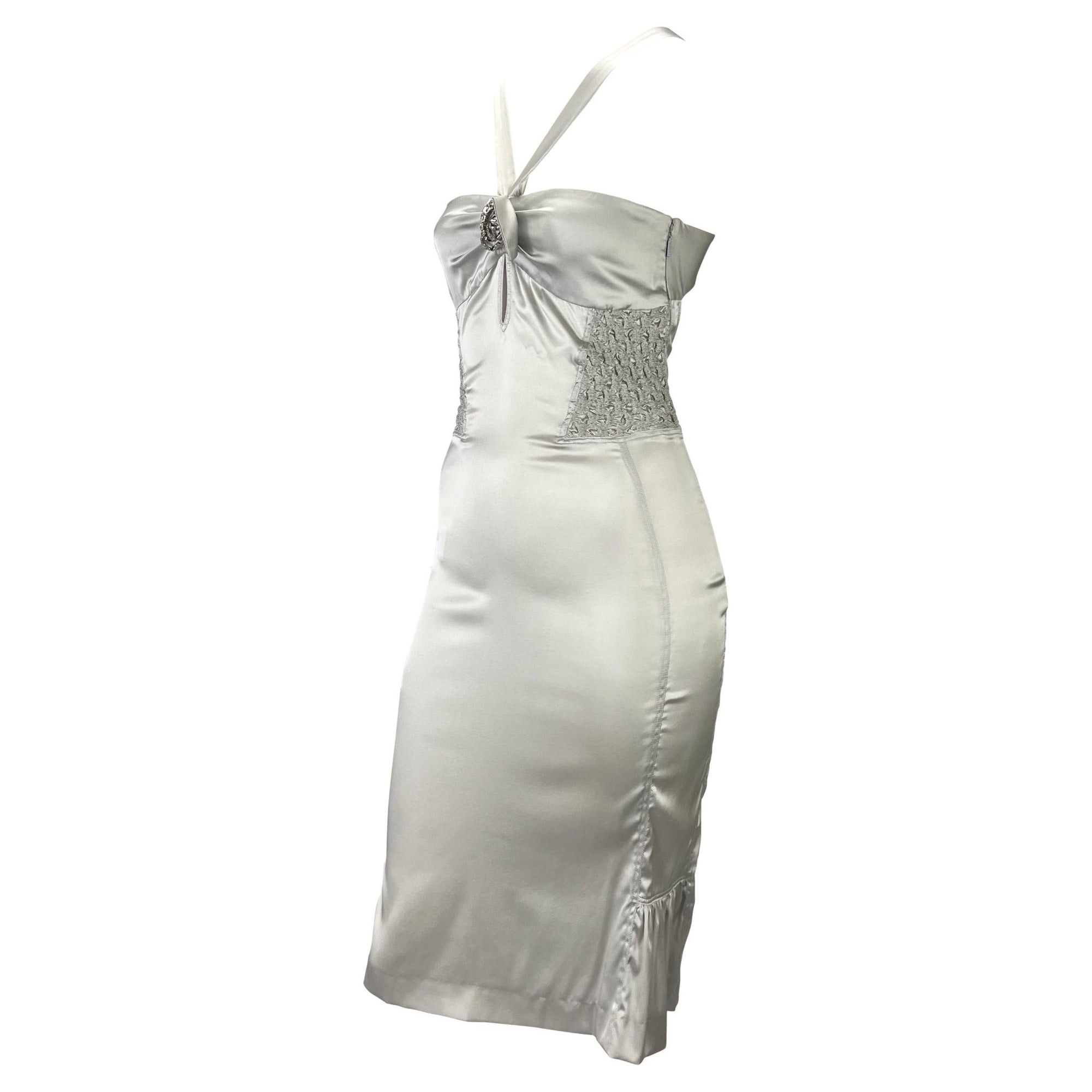 F/W 2004 Gucci by Tom Ford Backless Rhinestone Ruched Silver Silk Strap Dress - RealList