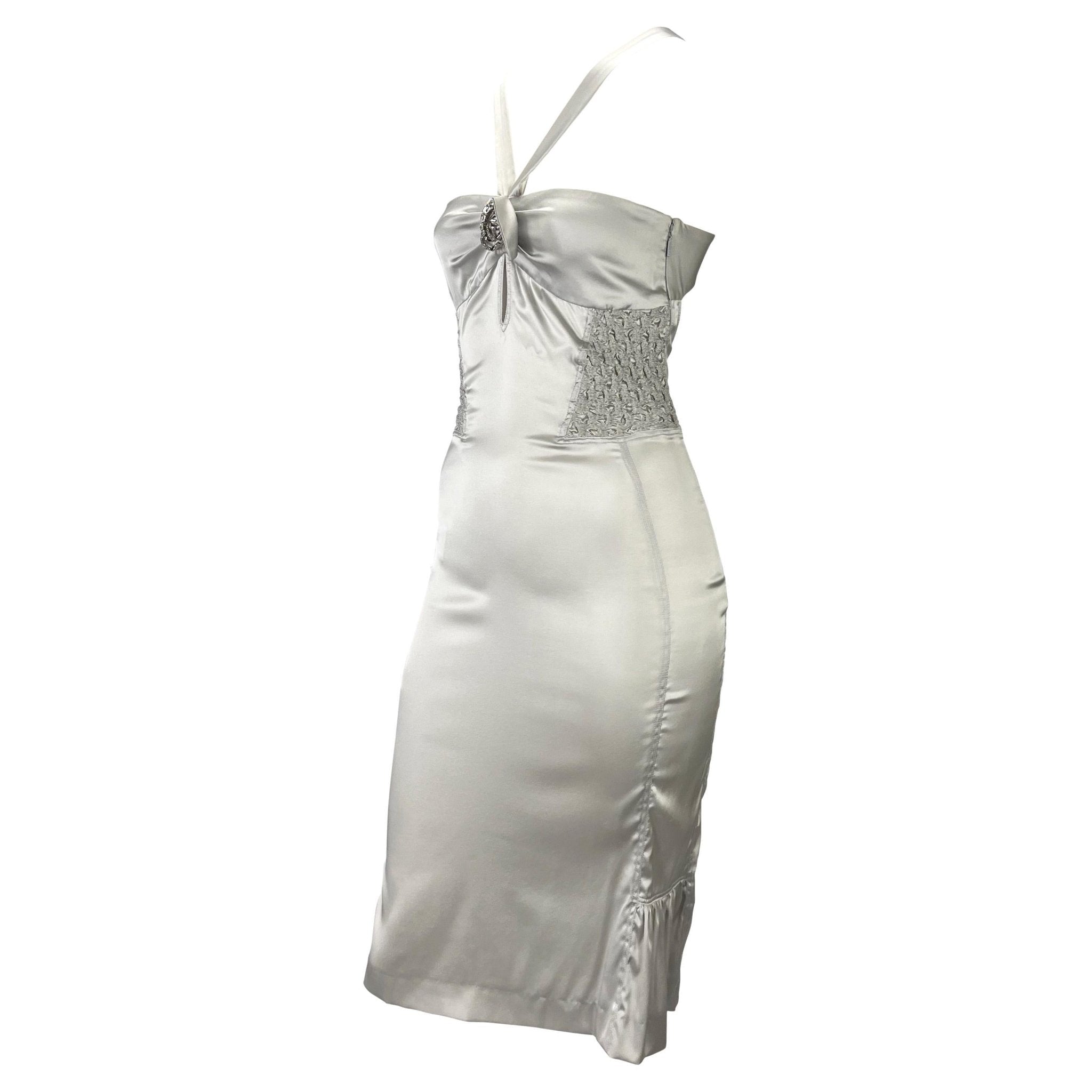 F/W 2004 Gucci by Tom Ford Backless Rhinestone Ruched Silver Silk Strap Dress - RealList