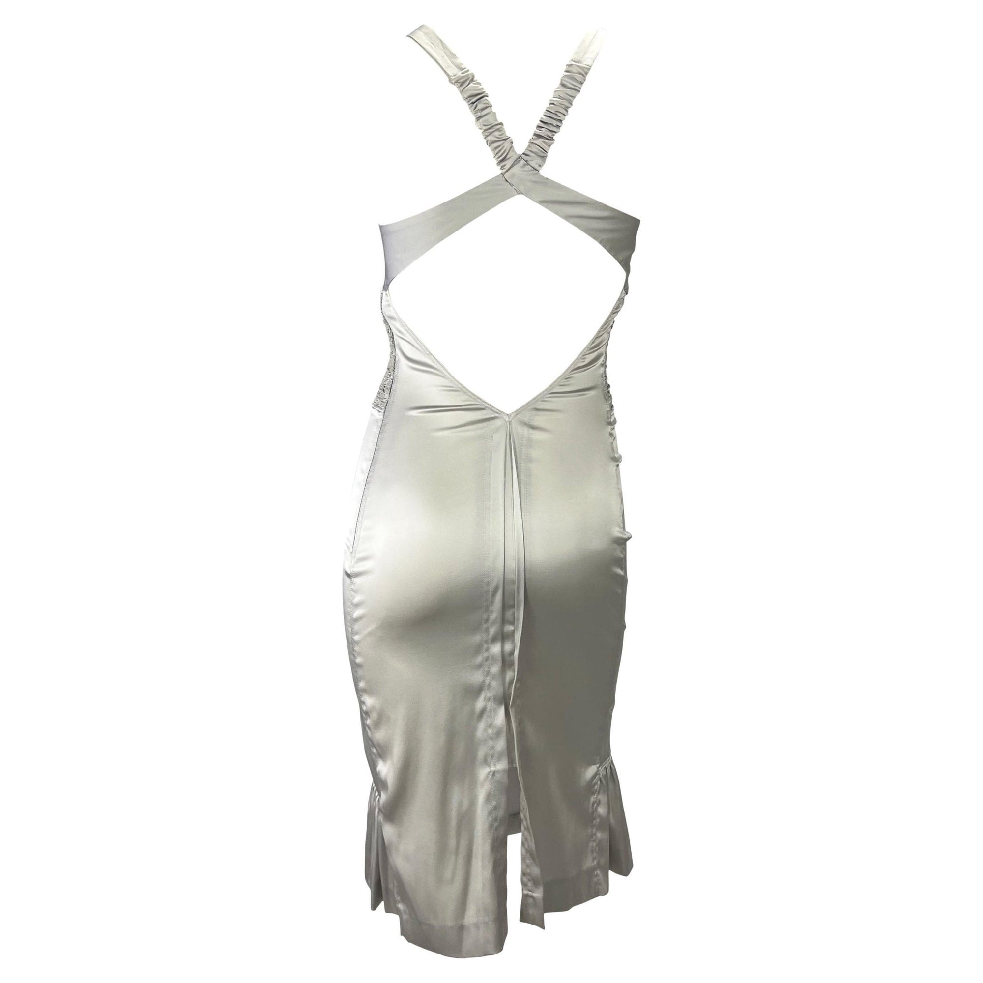 F/W 2004 Gucci by Tom Ford Backless Rhinestone Ruched Silver Silk Strap Dress - RealList